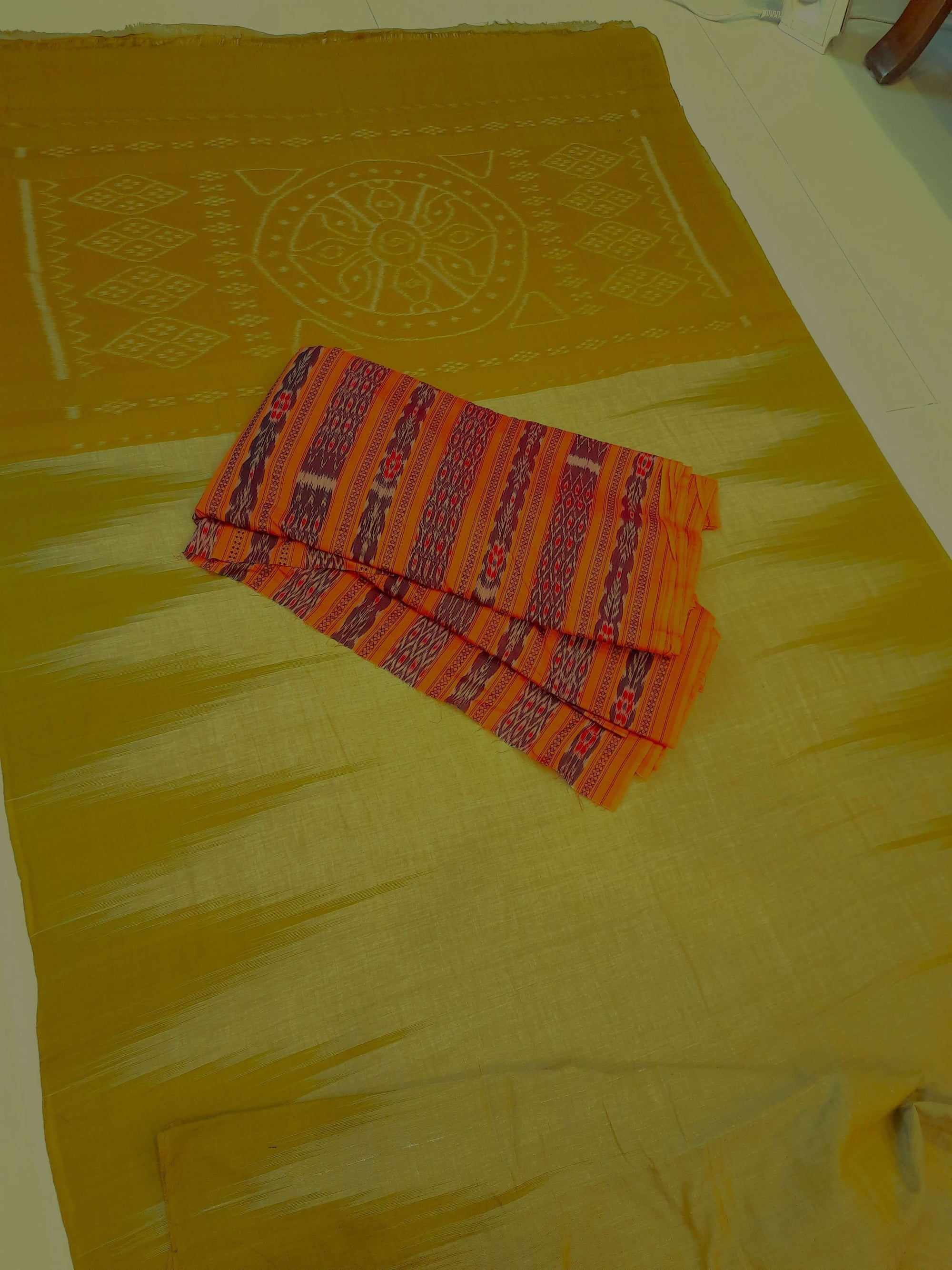 Mustard Green Cotton Odisha Ikat saree  with mix match cotton ikat blouse