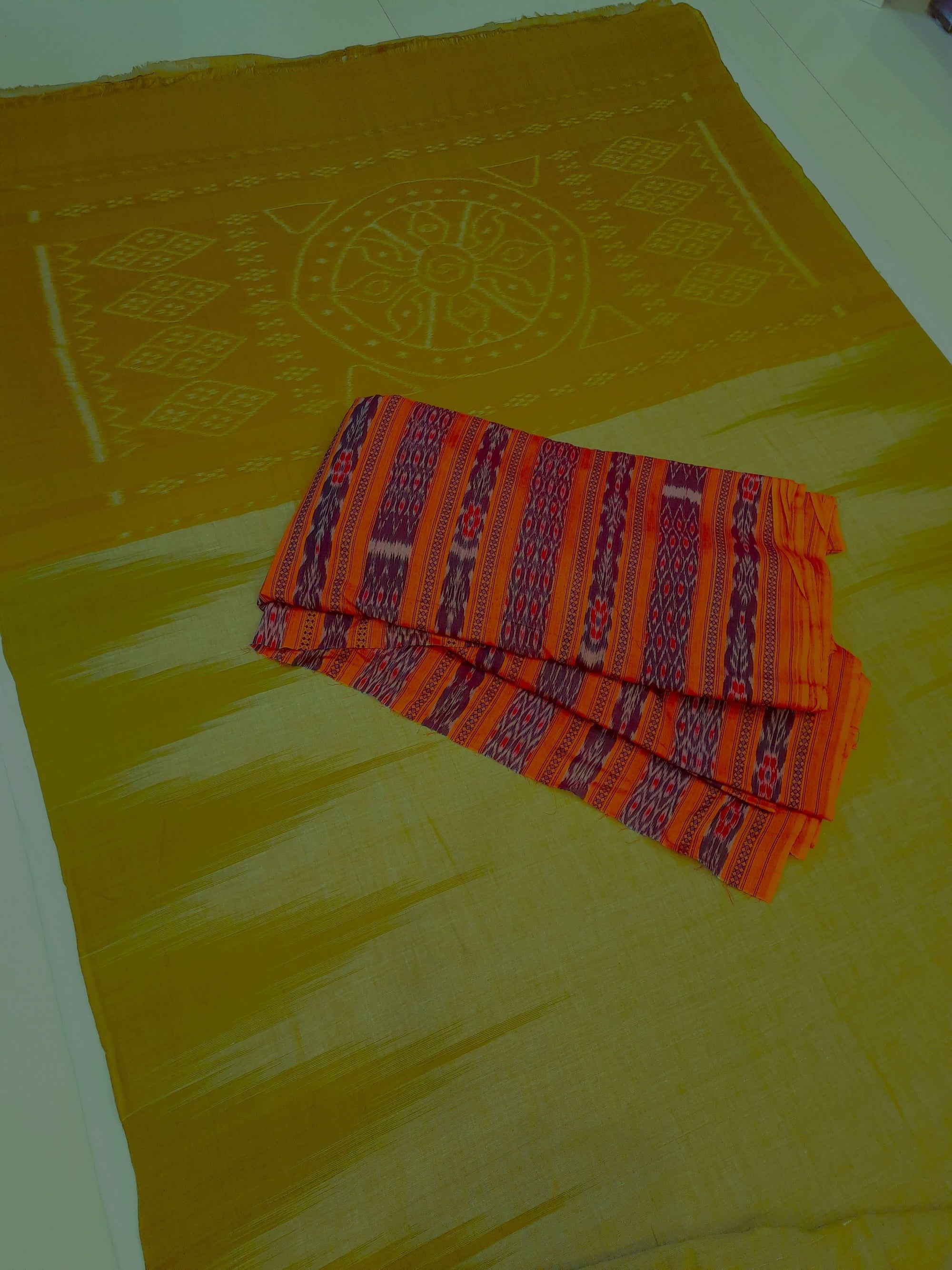 Mustard Green Cotton Odisha Ikat saree  with mix match cotton ikat blouse