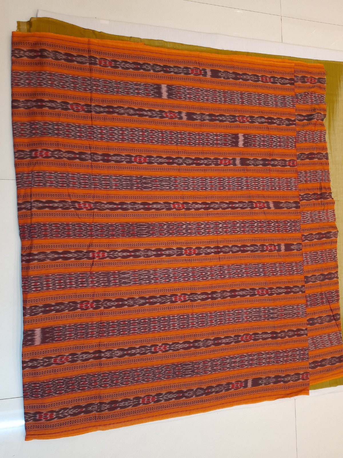 Mustard Green Cotton Odisha Ikat saree  with mix match cotton ikat blouse