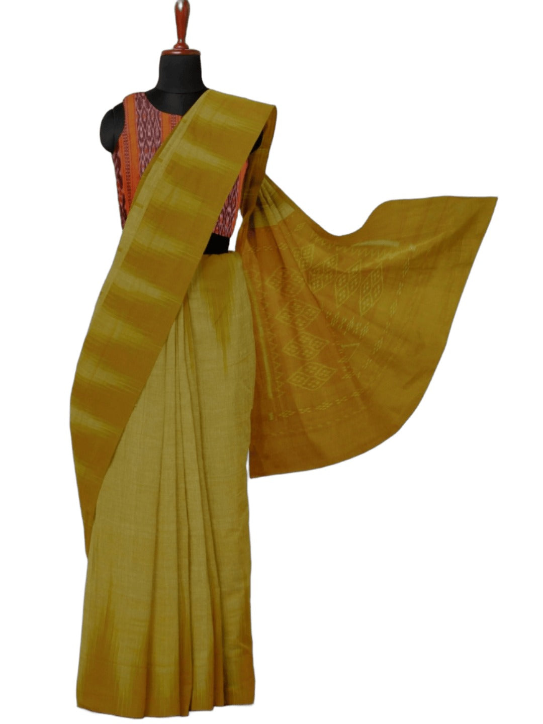Mustard Green Cotton Odisha Ikat saree  with mix match cotton ikat blouse
