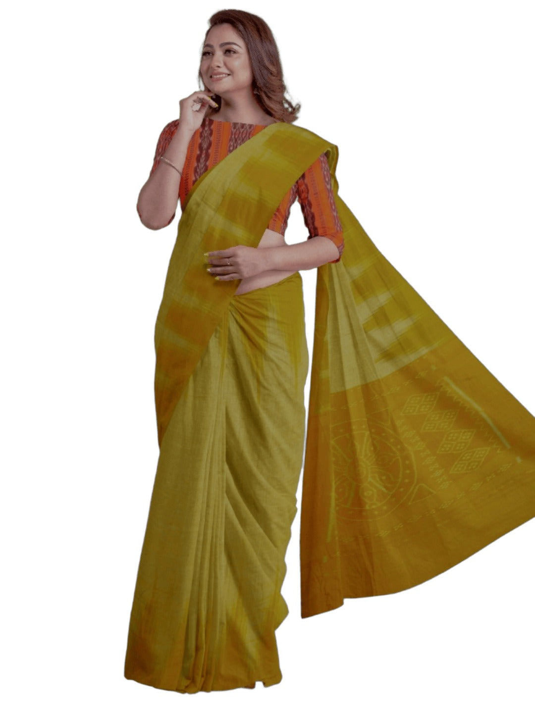 Mustard Green Cotton Odisha Ikat saree  with mix match cotton ikat blouse