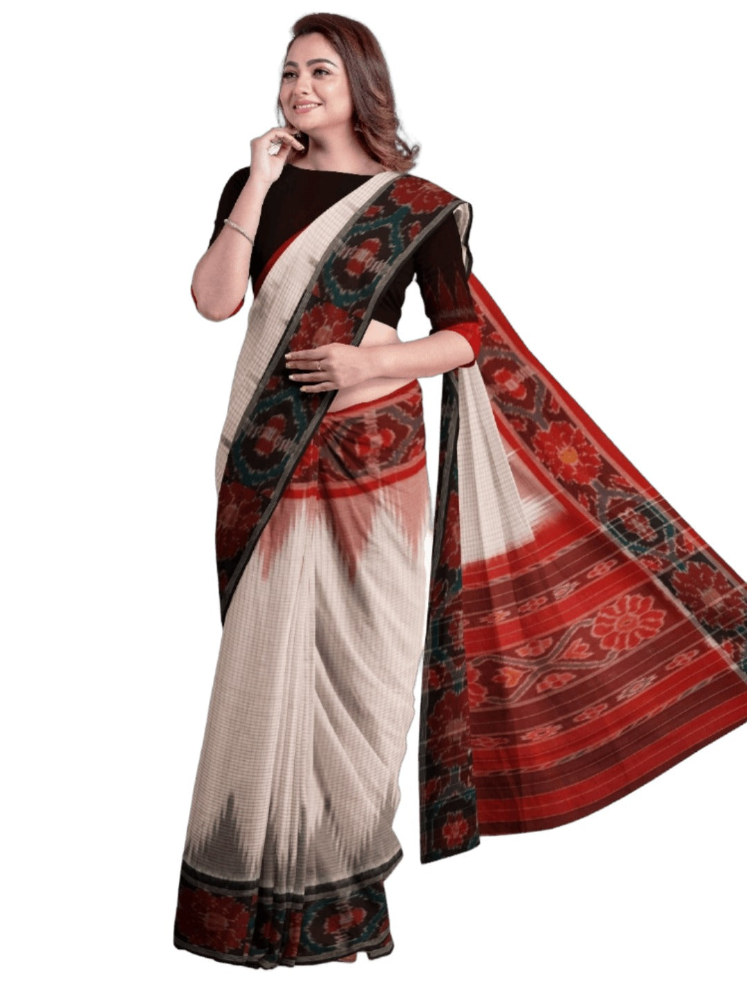 White GangaJamuna border Cotton Odisha Ikat saree with mix match cotton ikat blouse (Copy)