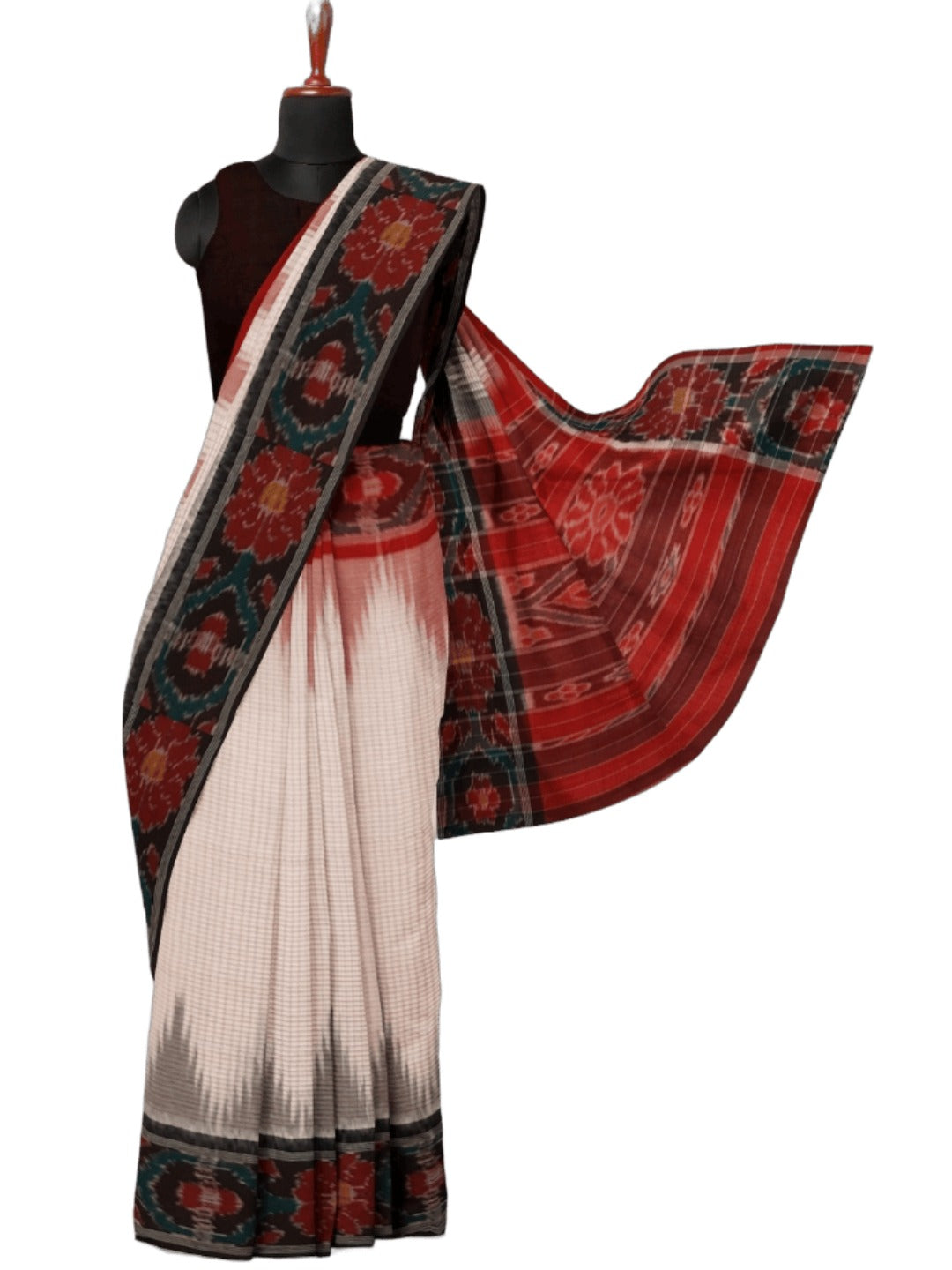 White GangaJamuna border Cotton Odisha Ikat saree with mix match cotton ikat blouse (Copy)