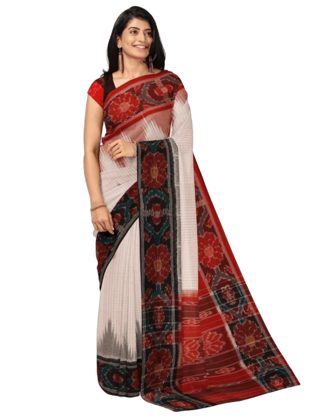 White GangaJamuna border Cotton Odisha Ikat saree with mix match cotton ikat blouse (Copy)