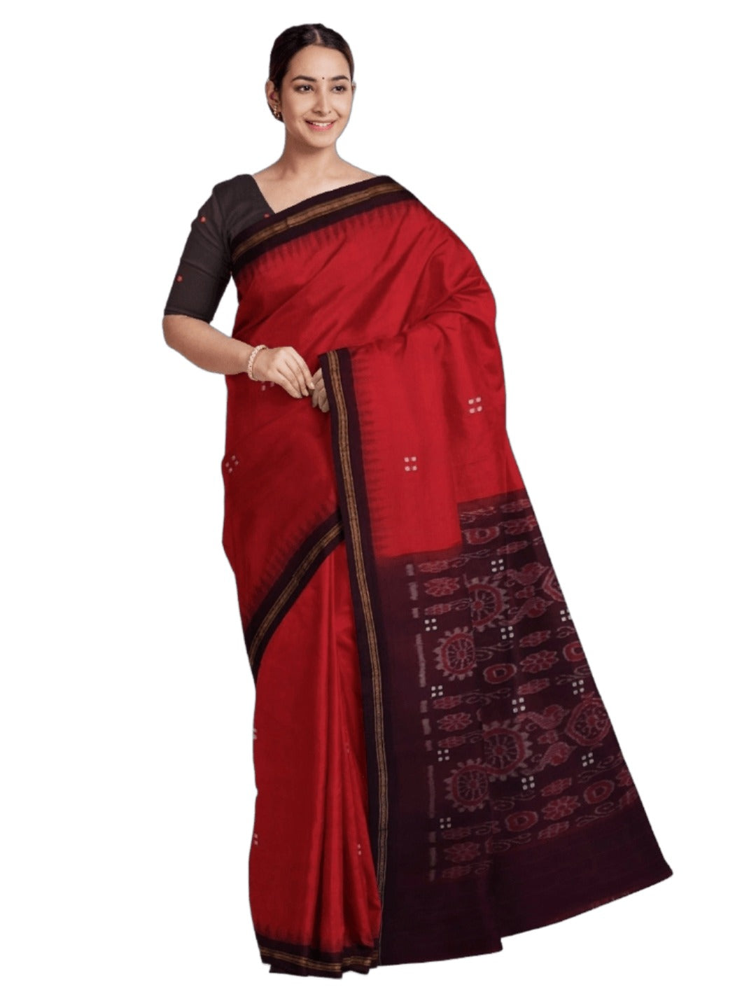 Red Ekphulia Pattern Odisha Ikat Cotton Saree with cotton ikat blouse piece