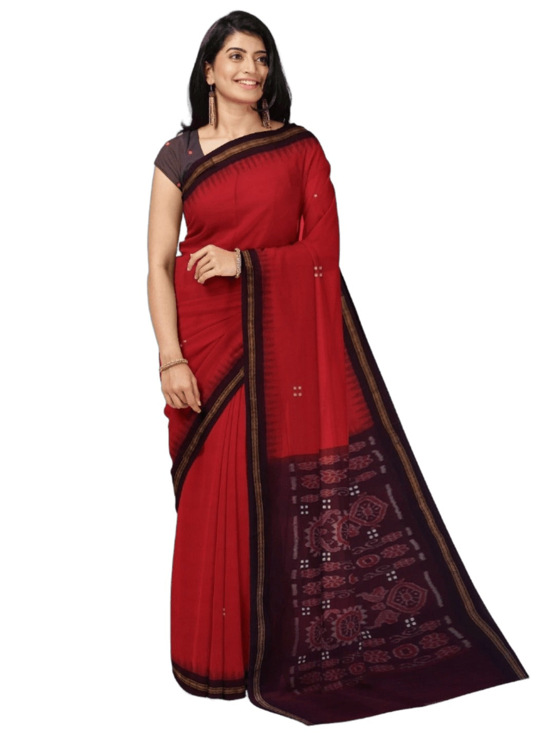Red Ekphulia Pattern Odisha Ikat Cotton Saree with cotton ikat blouse piece