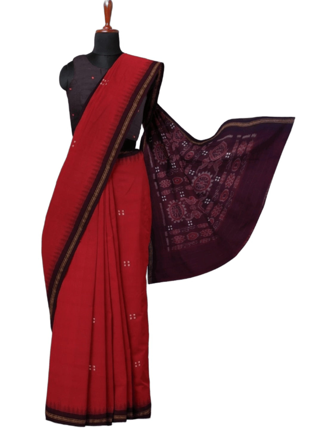 Red Ekphulia Pattern Odisha Ikat Cotton Saree with cotton ikat blouse piece