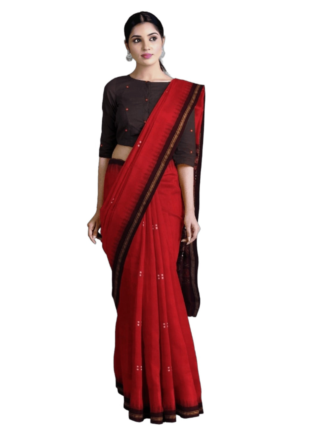 Red Ekphulia Pattern Odisha Ikat Cotton Saree with cotton ikat blouse piece