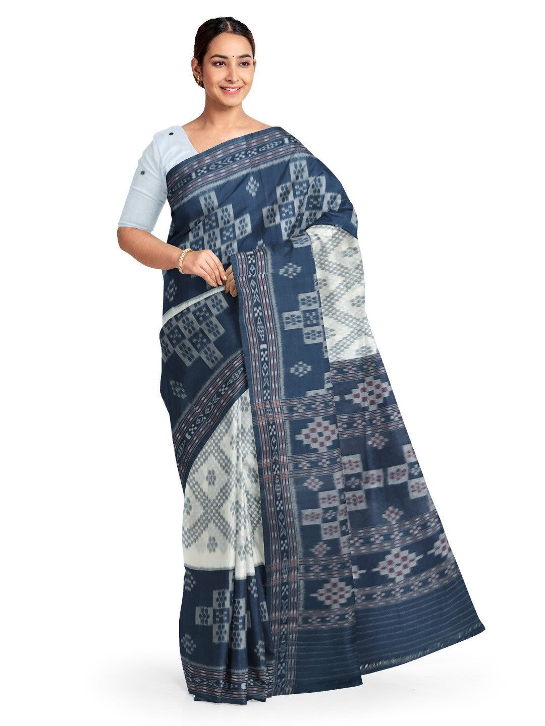 White and Blue wide border Cotton Odisha Ikat saree with mix match blouse piece