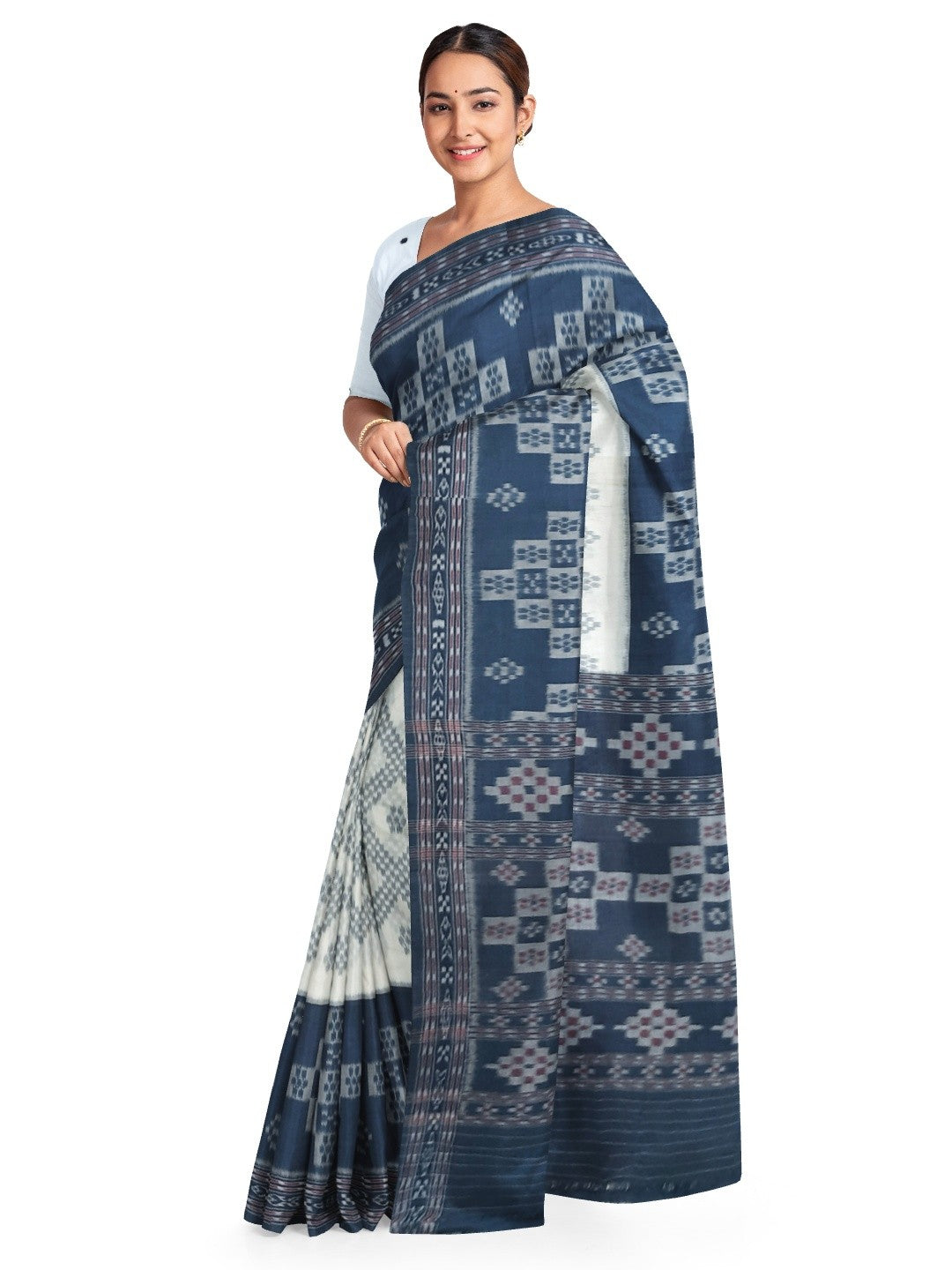 White and Blue wide border Cotton Odisha Ikat saree with mix match blouse piece