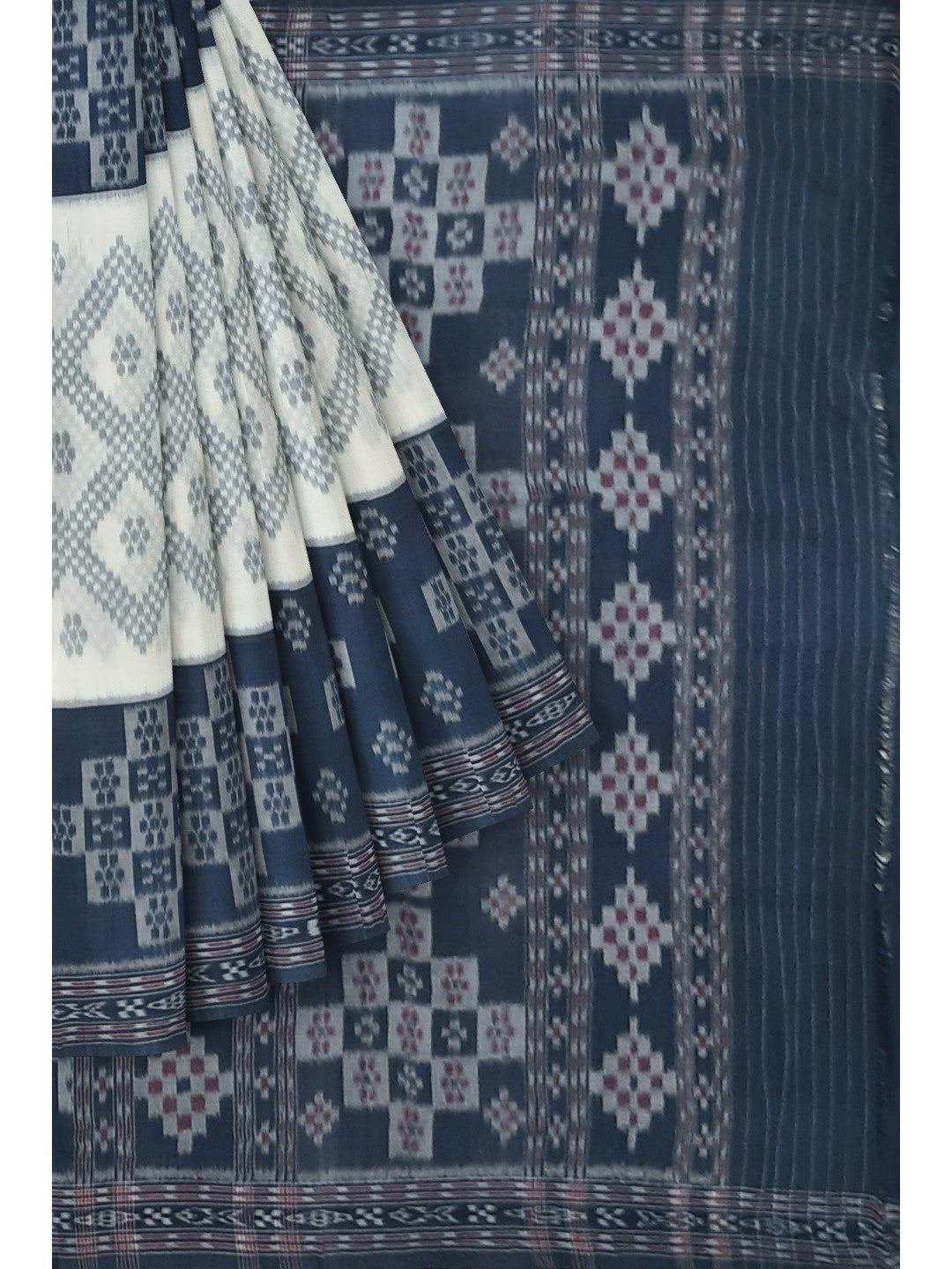 White and Blue wide border Cotton Odisha Ikat saree with mix match blouse piece