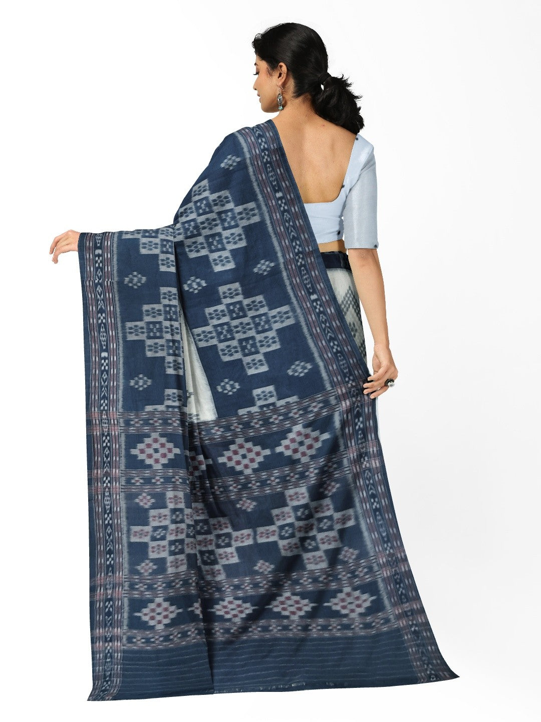 White and Blue wide border Cotton Odisha Ikat saree with mix match blouse piece