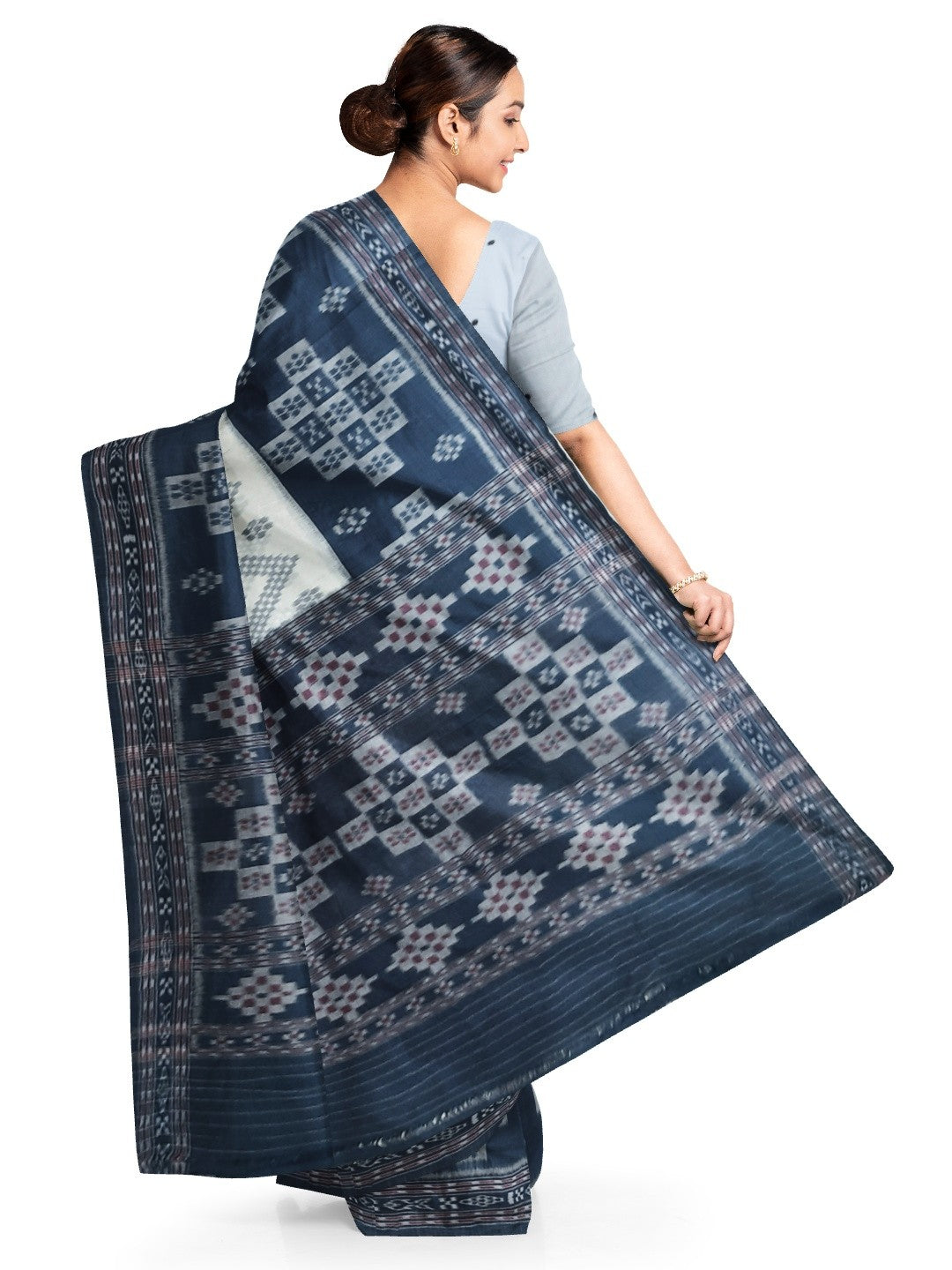 White and Blue wide border Cotton Odisha Ikat saree with mix match blouse piece