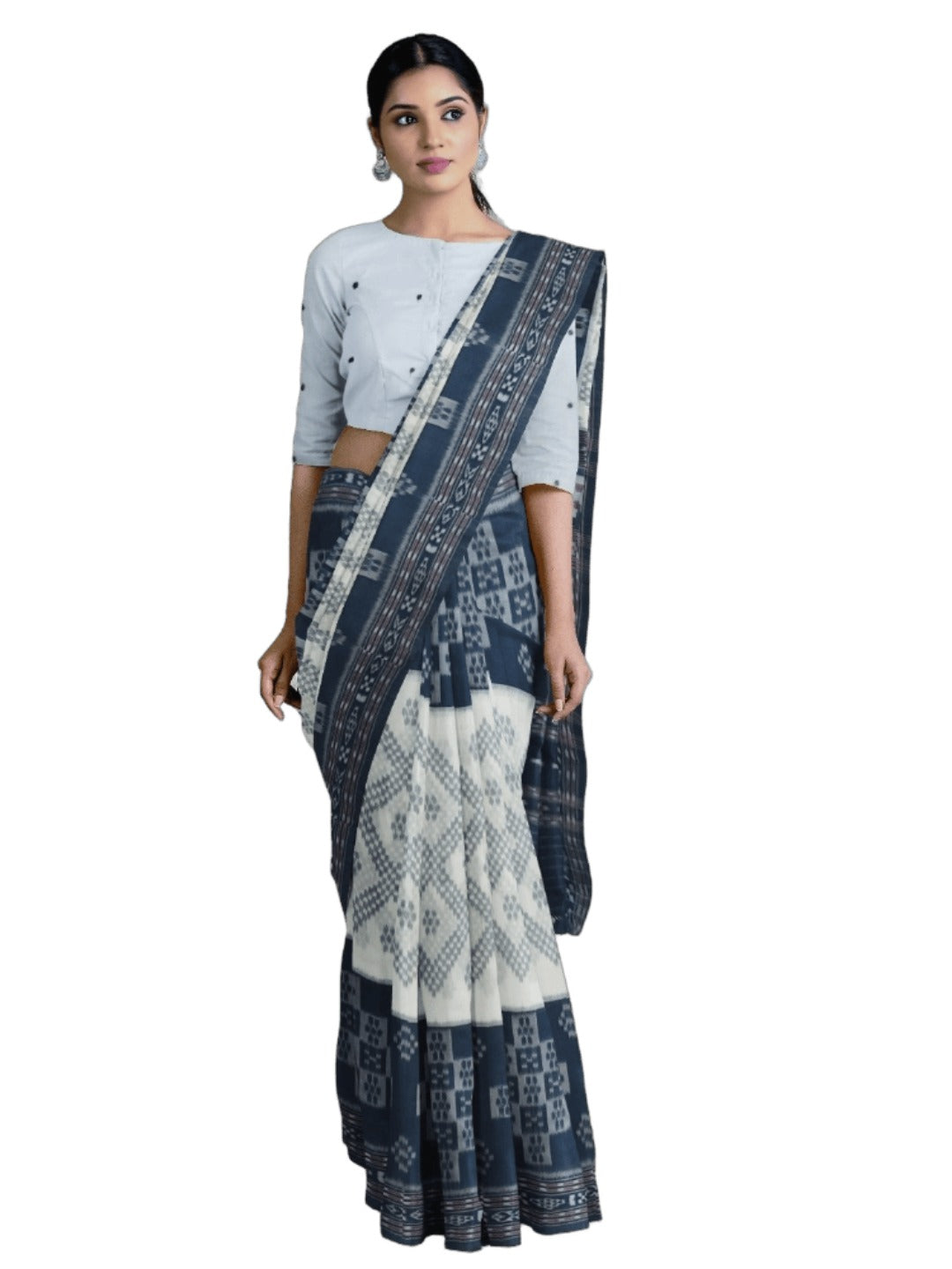 White and Blue wide border Cotton Odisha Ikat saree with mix match blouse piece