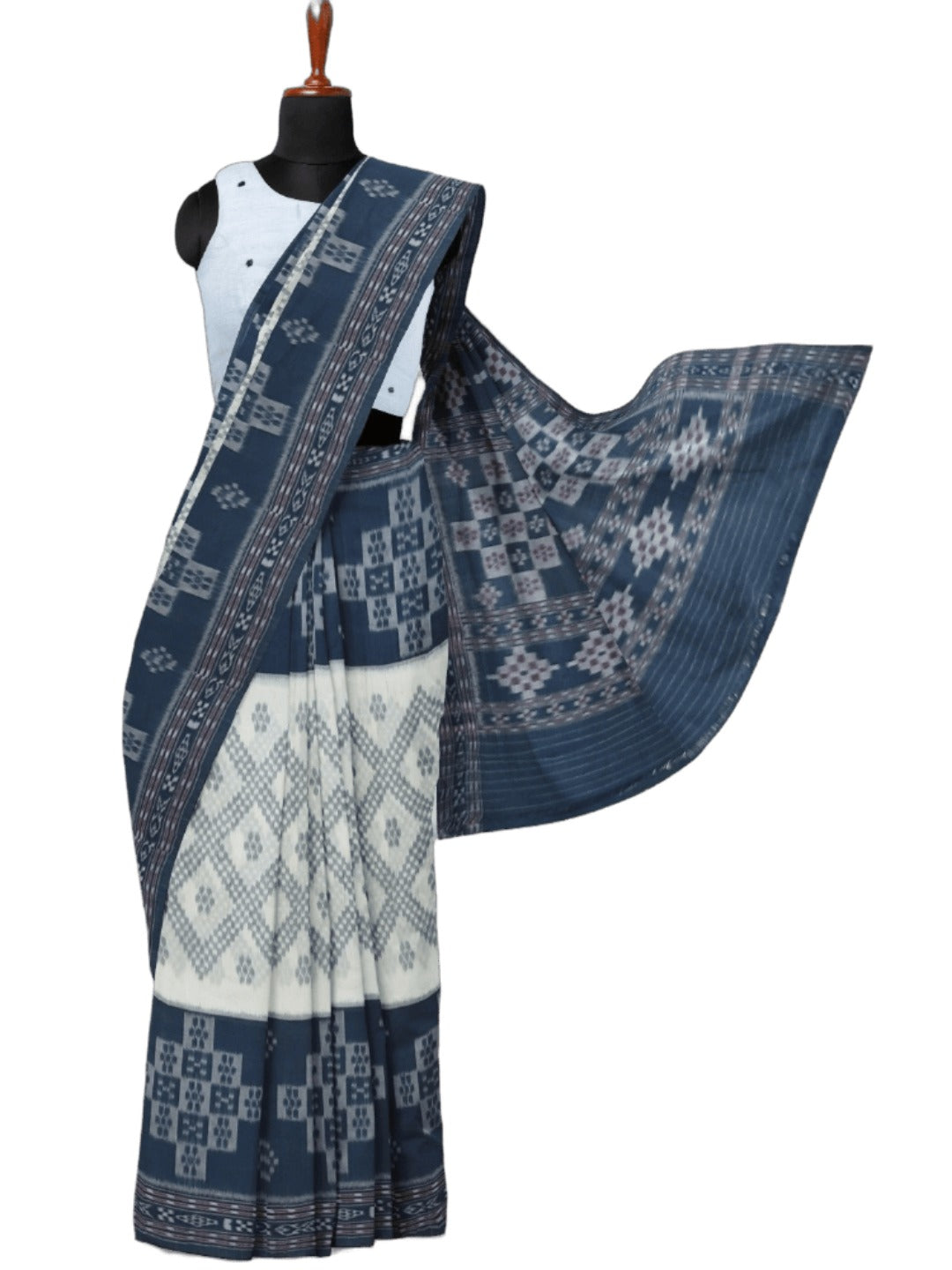 White and Blue wide border Cotton Odisha Ikat saree with mix match blouse piece