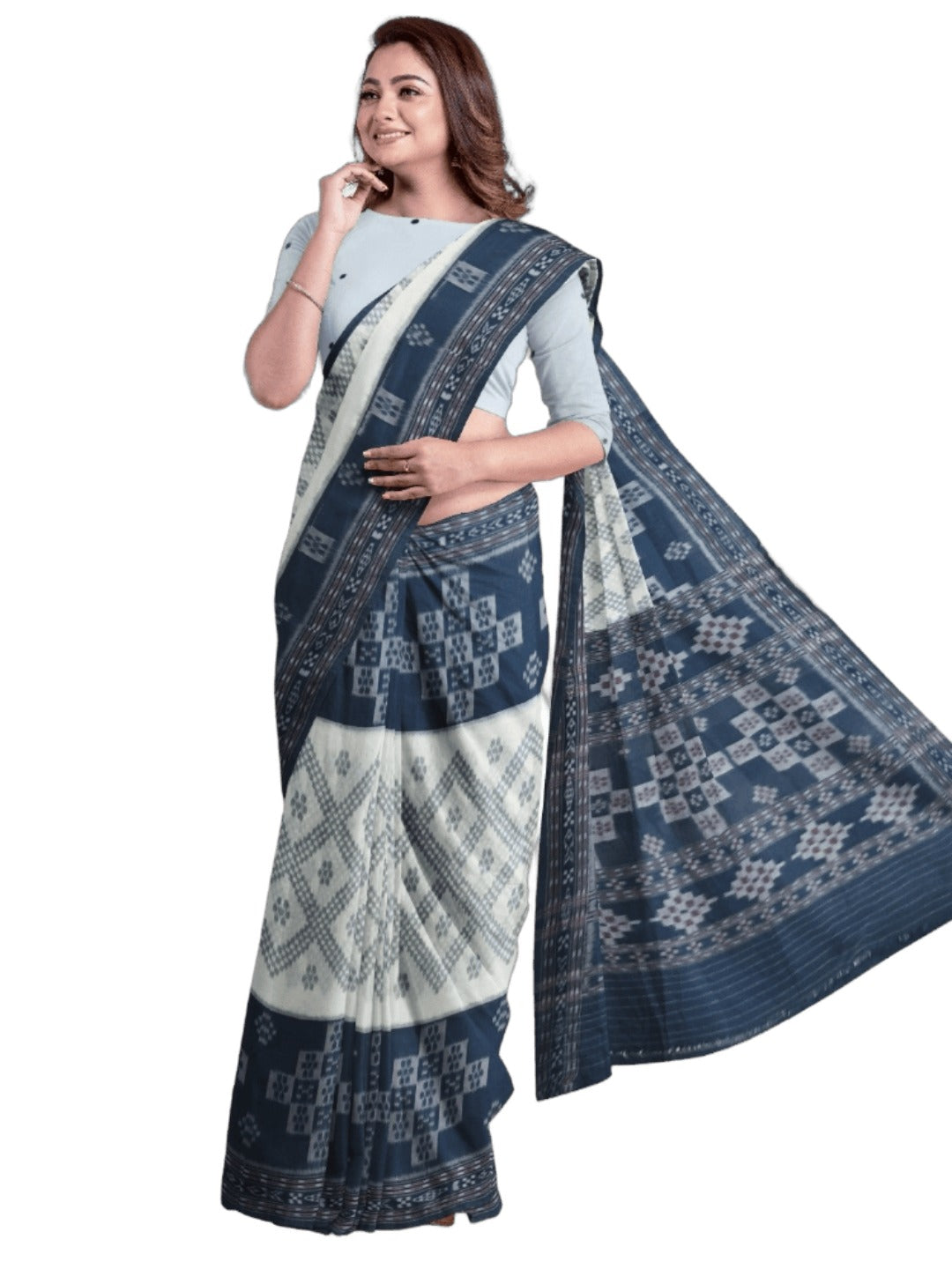 White and Blue wide border Cotton Odisha Ikat saree with mix match blouse piece