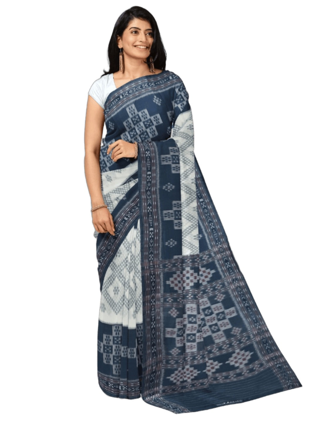 White and Blue wide border Cotton Odisha Ikat saree with mix match blouse piece