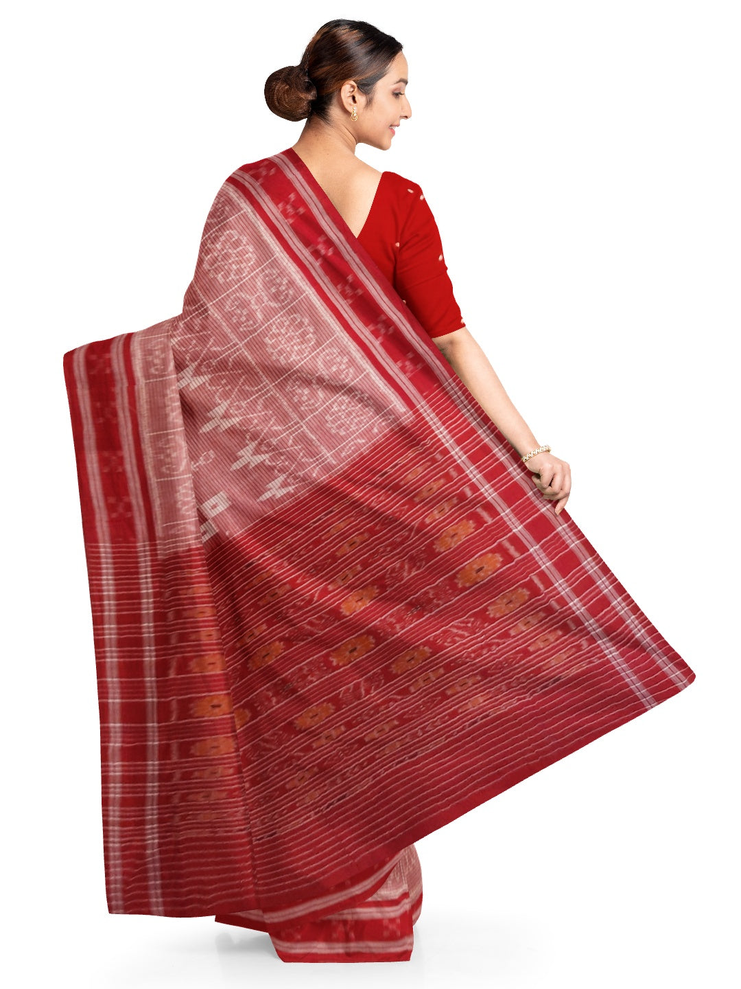 Pink and Red Cotton Odisha Ikat saree with mix match blouse piece