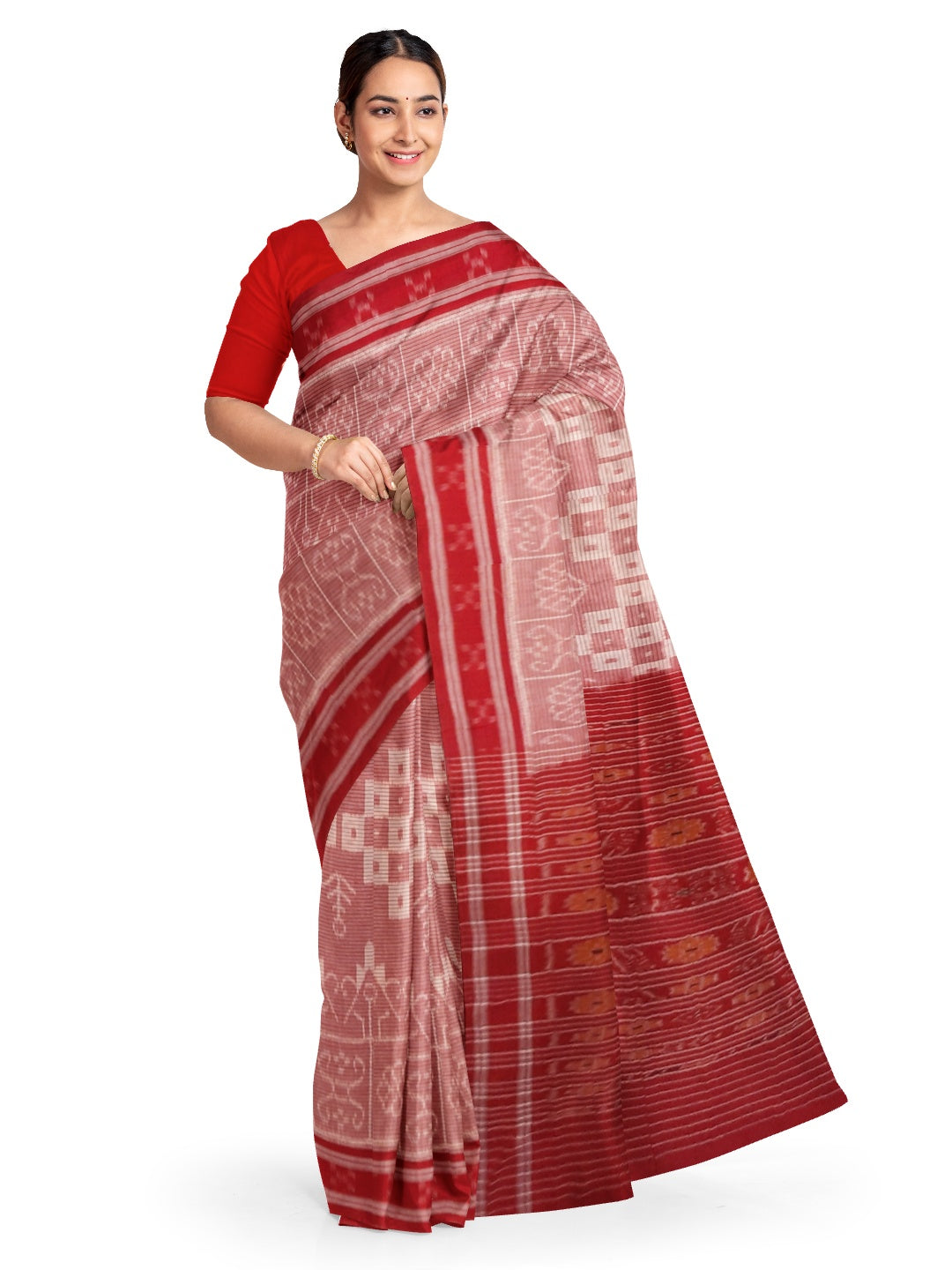 Pink and Red Cotton Odisha Ikat saree with mix match blouse piece