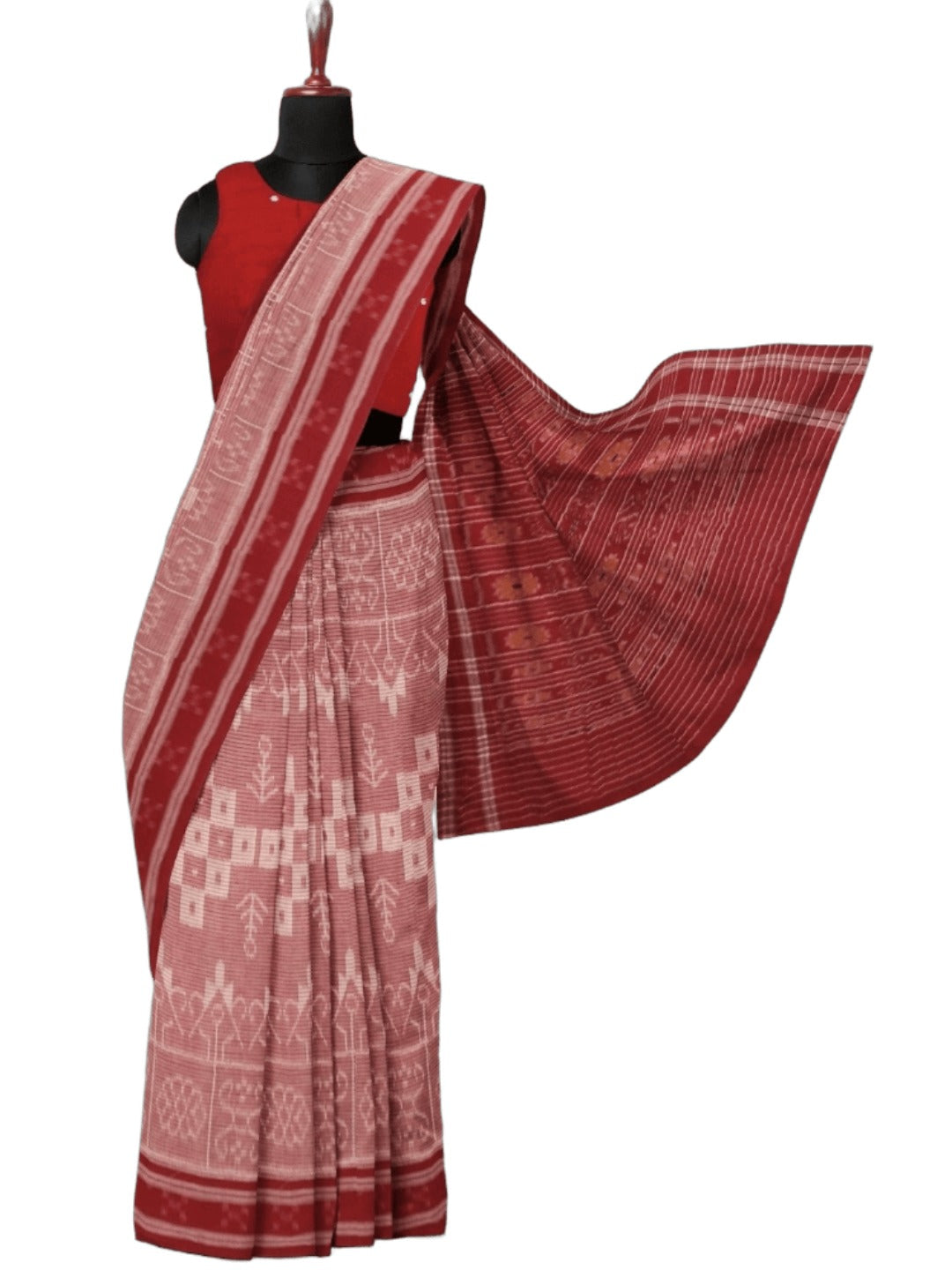 Pink and Red Cotton Odisha Ikat saree with mix match blouse piece