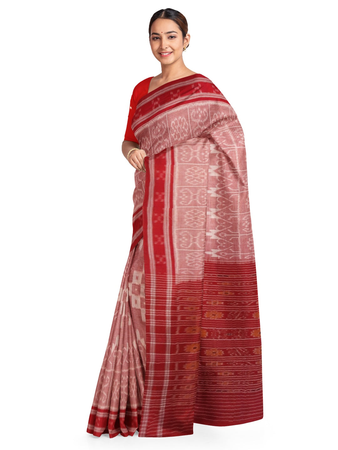 Pink and Red Cotton Odisha Ikat saree with mix match blouse piece