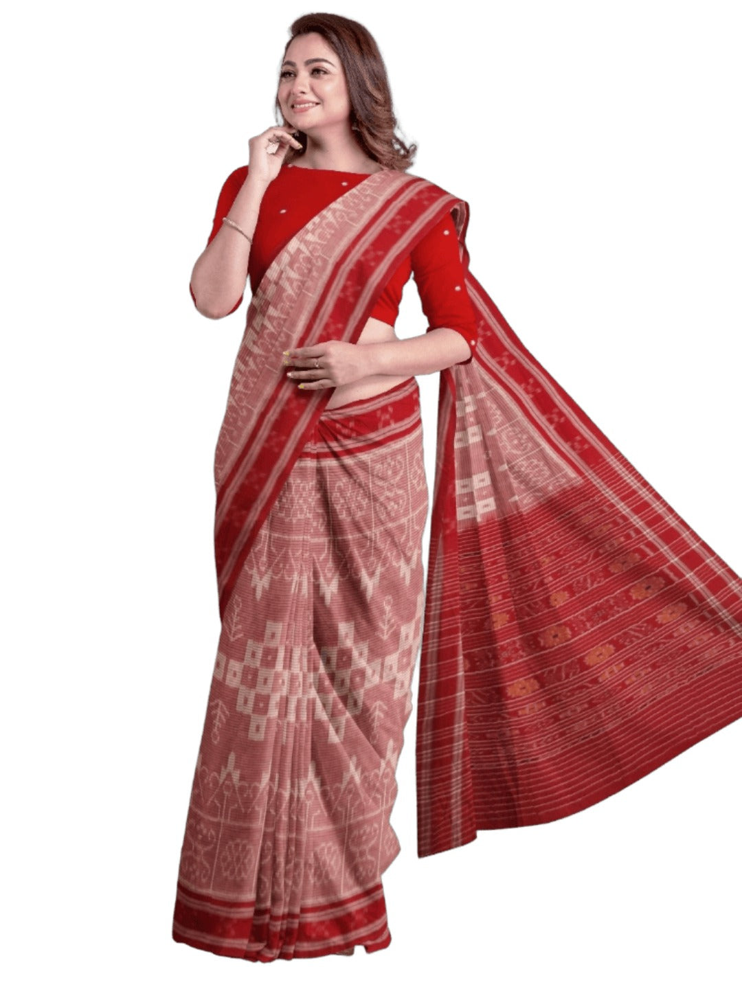Pink and Red Cotton Odisha Ikat saree with mix match blouse piece