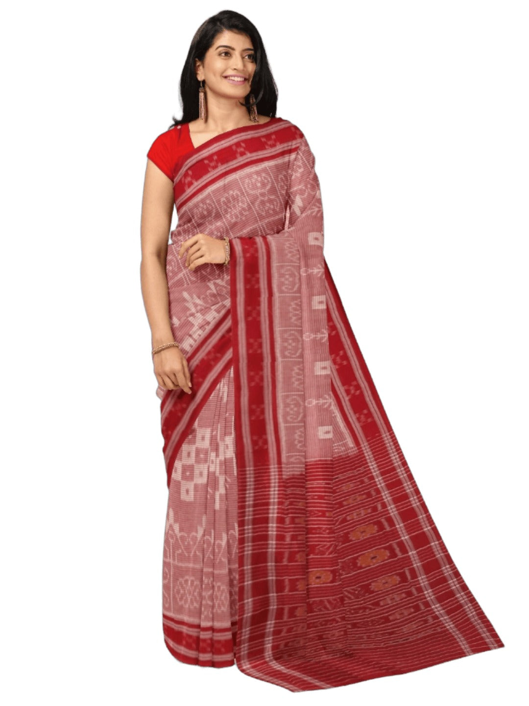 Pink and Red Cotton Odisha Ikat saree with mix match blouse piece