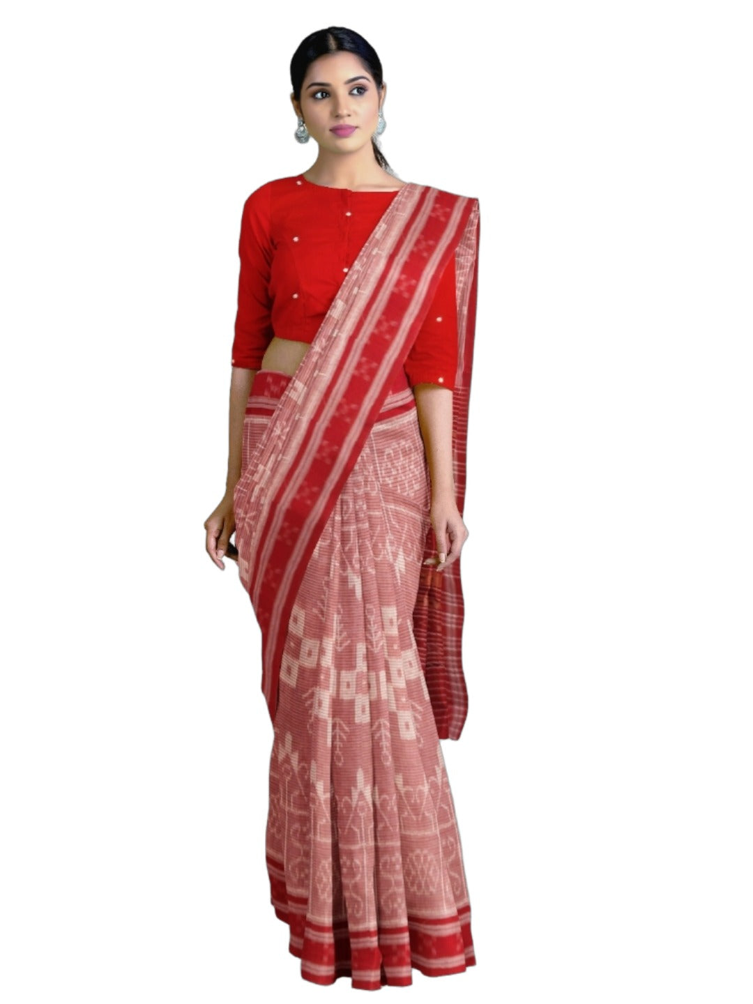 Pink and Red Cotton Odisha Ikat saree with mix match blouse piece