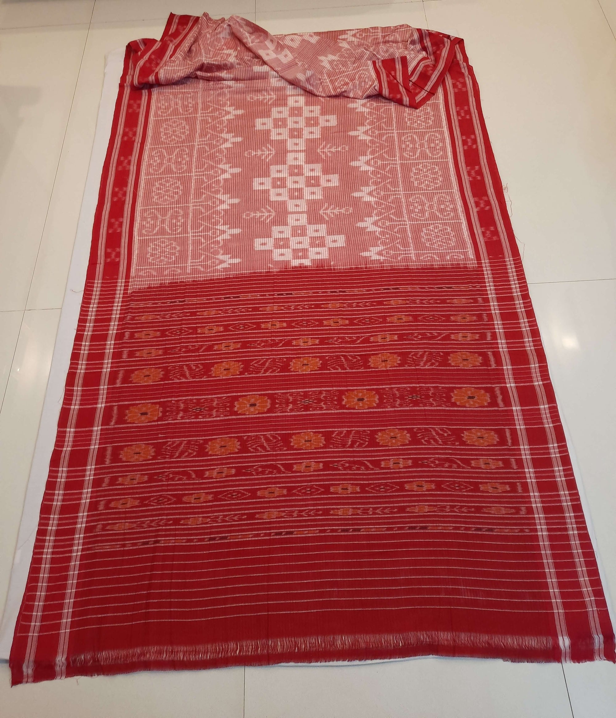 Pink and Red Cotton Odisha Ikat saree with mix match blouse piece