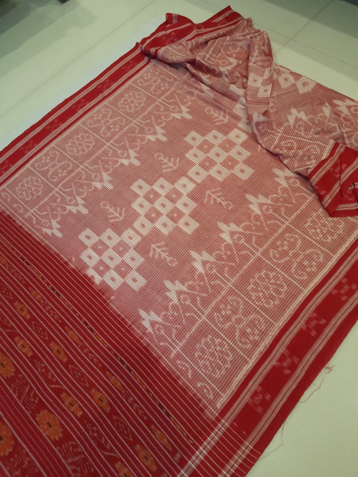 Pink and Red Cotton Odisha Ikat saree with mix match blouse piece