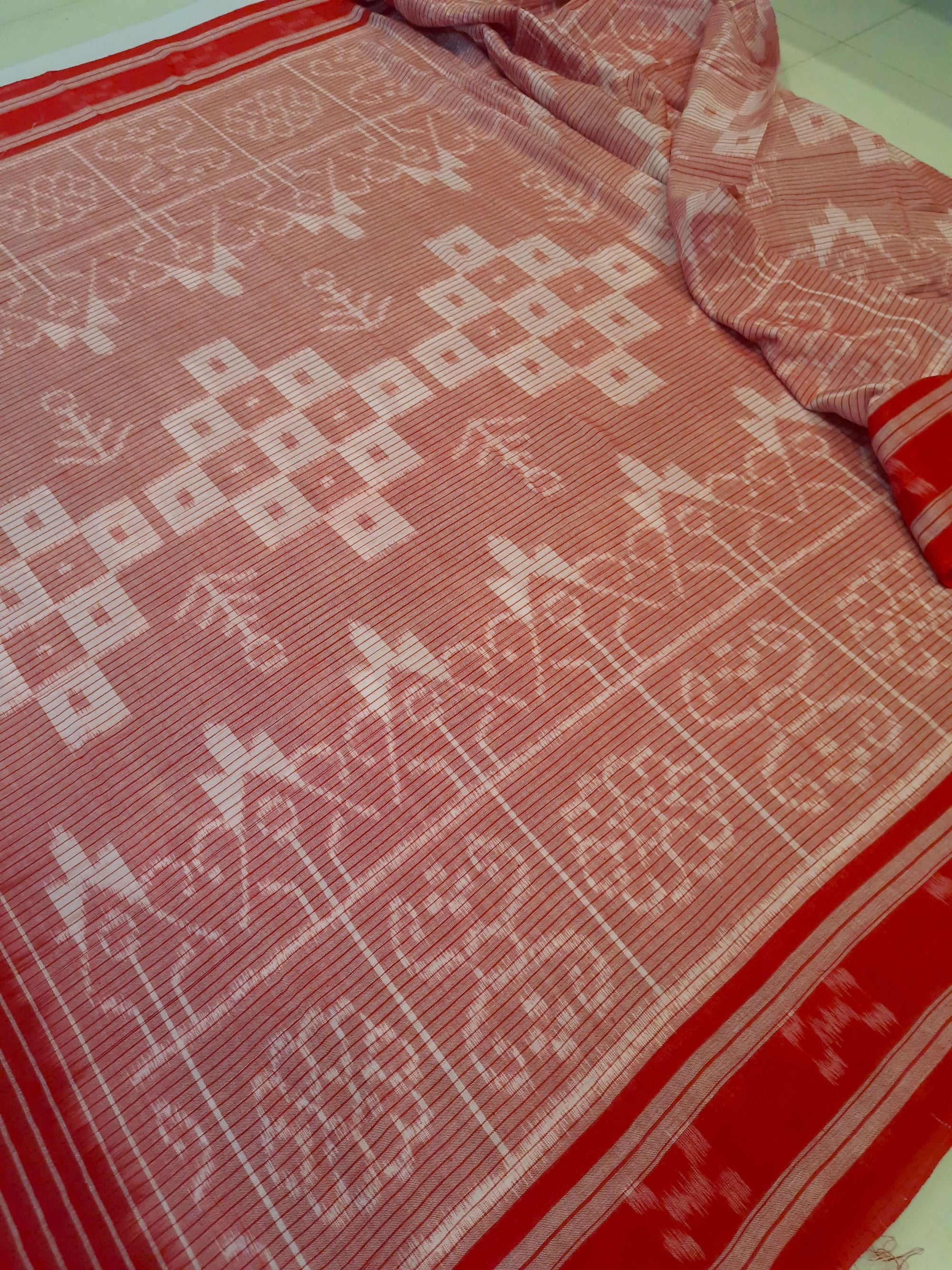 Pink and Red Cotton Odisha Ikat saree with mix match blouse piece