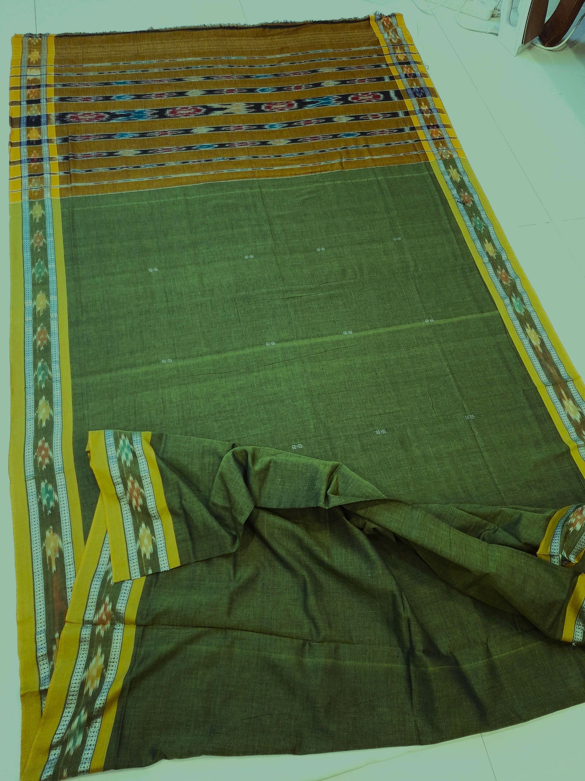 Olive Green Cotton Odisha Ikat saree with mix match blouse piece