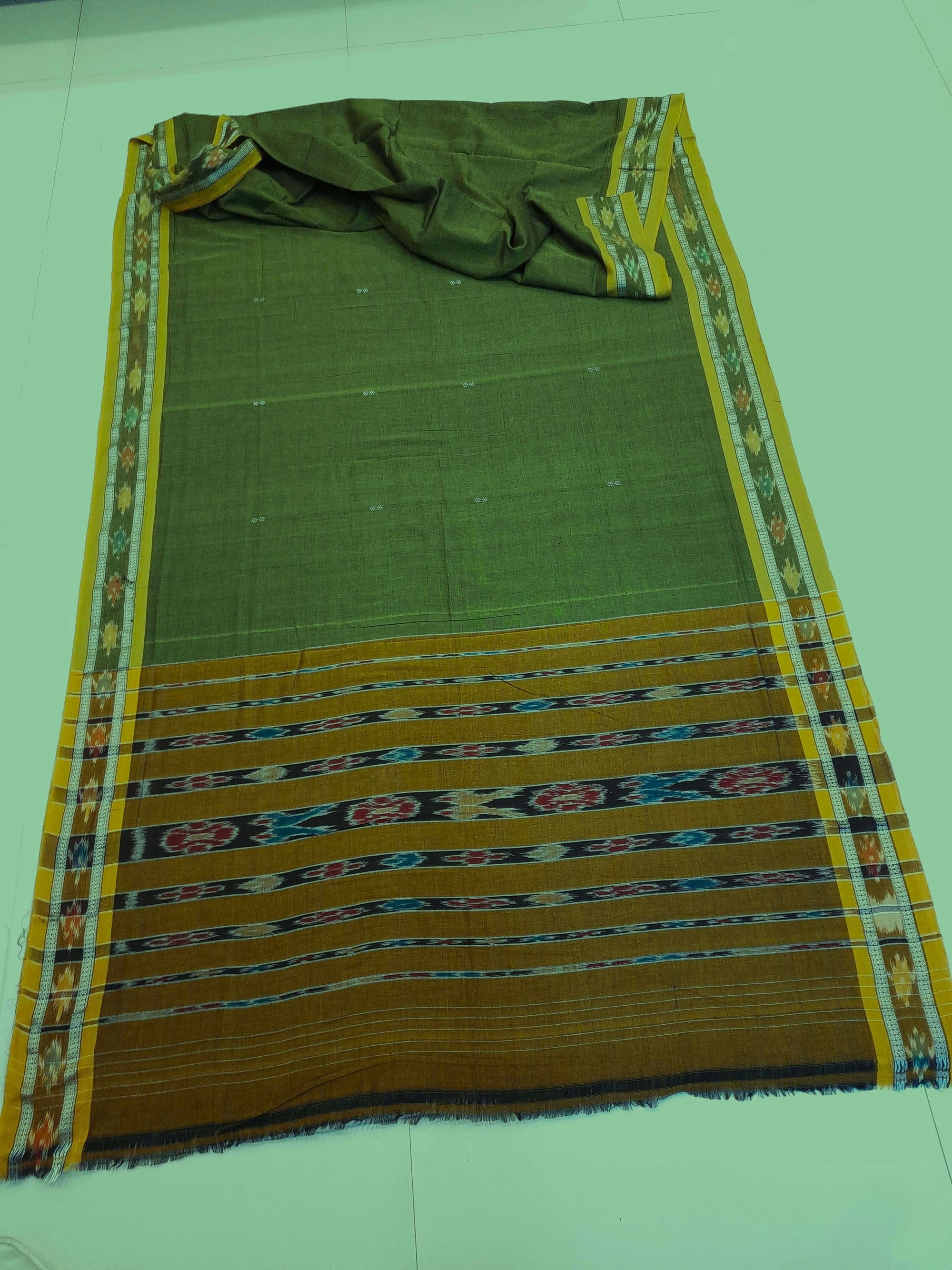 Olive Green Cotton Odisha Ikat saree with mix match blouse piece