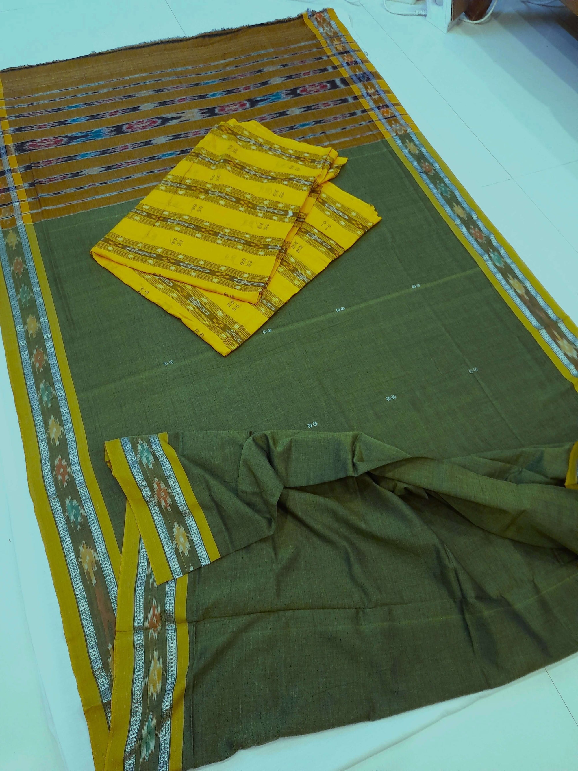 Olive Green Cotton Odisha Ikat saree with mix match blouse piece