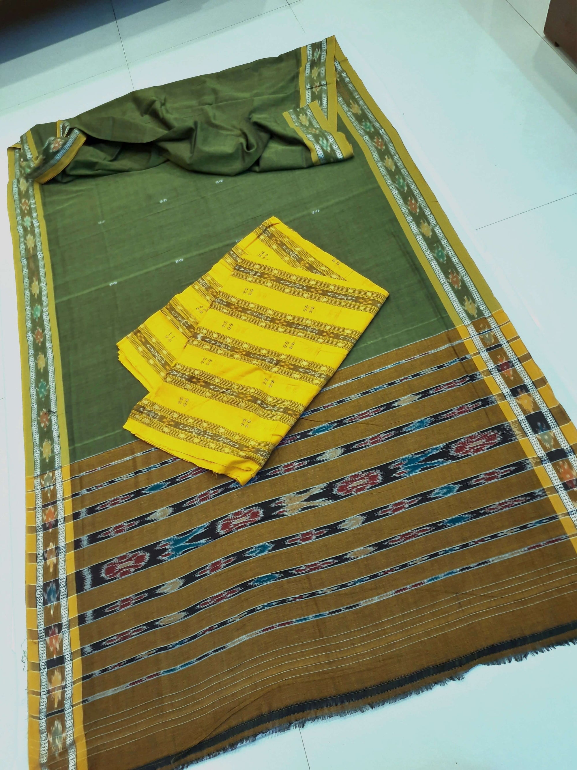 Olive Green Cotton Odisha Ikat saree with mix match blouse piece