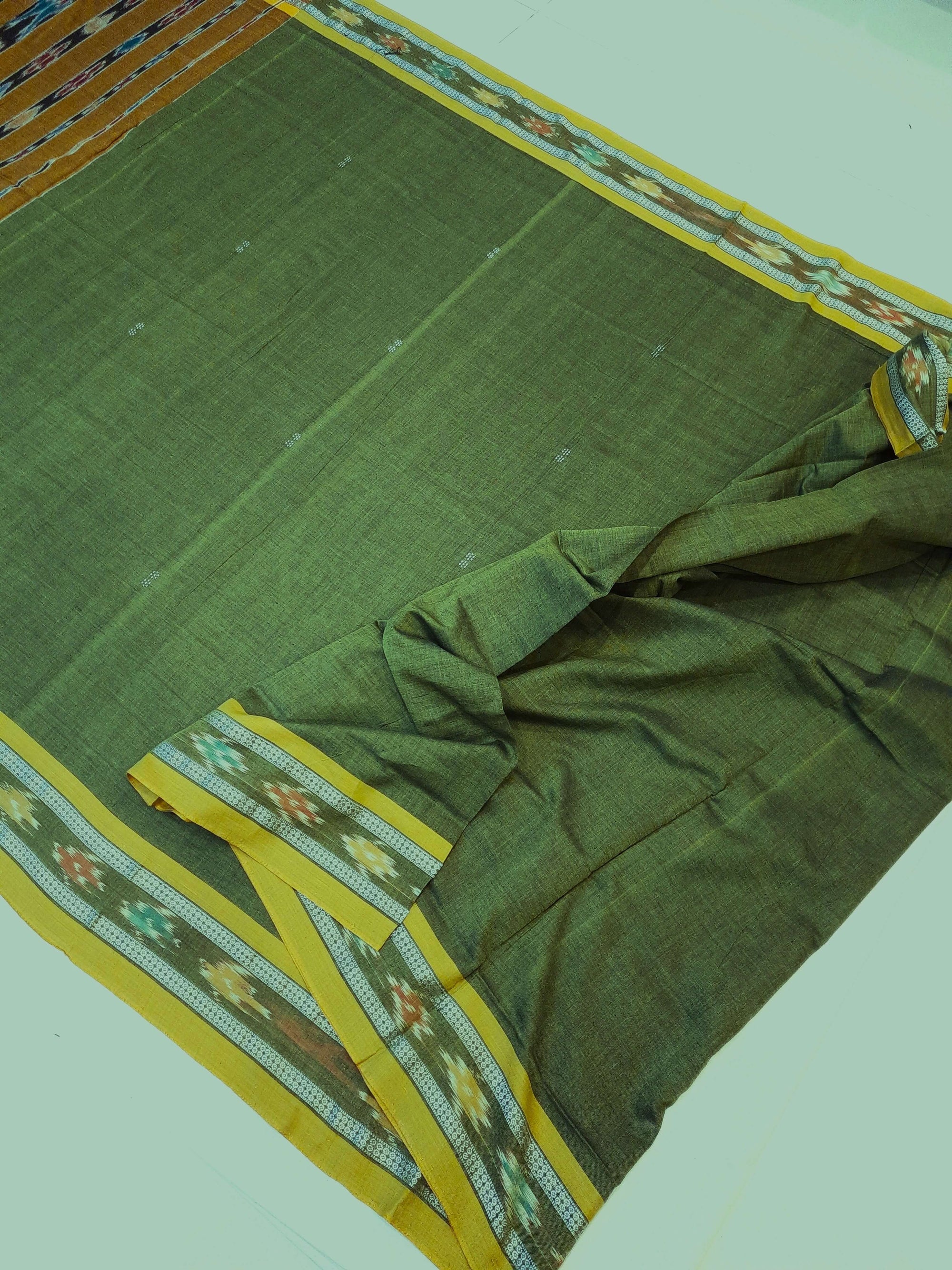 Olive Green Cotton Odisha Ikat saree with mix match blouse piece