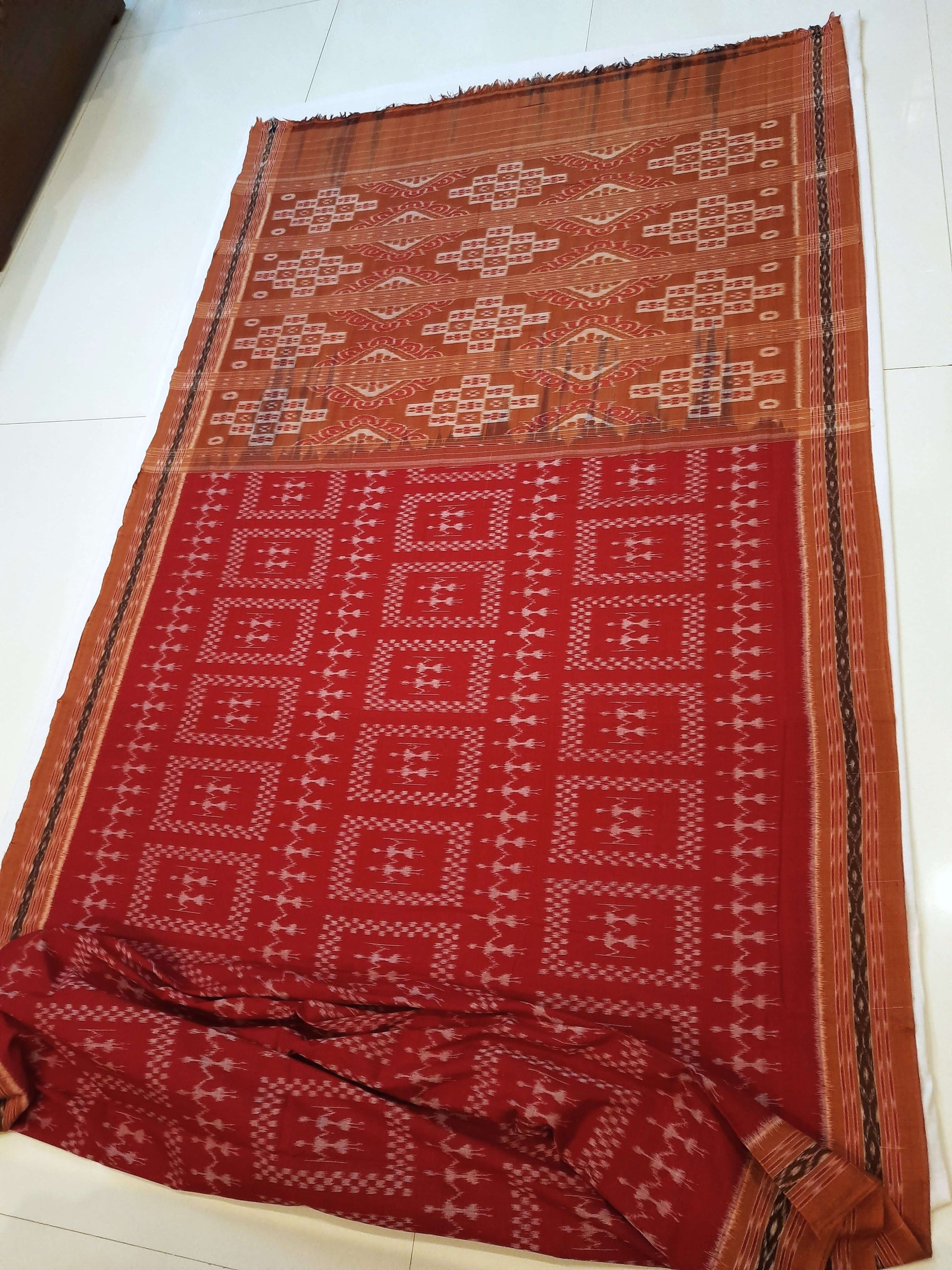 Maroon with Rust Cotton Odisha Ikat saree with cotton ikat blouse piece