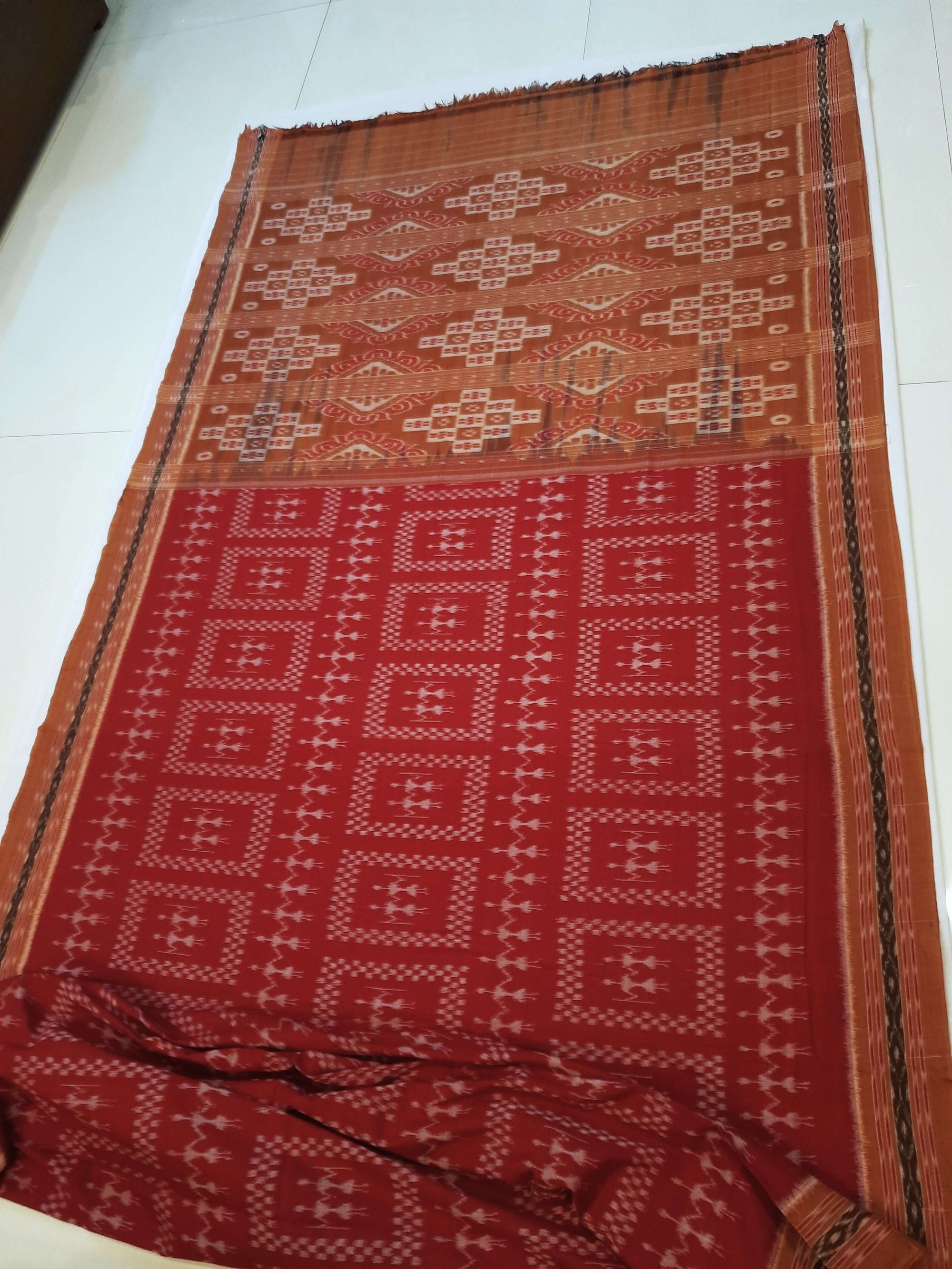 Maroon with Rust Cotton Odisha Ikat saree with cotton ikat blouse piece