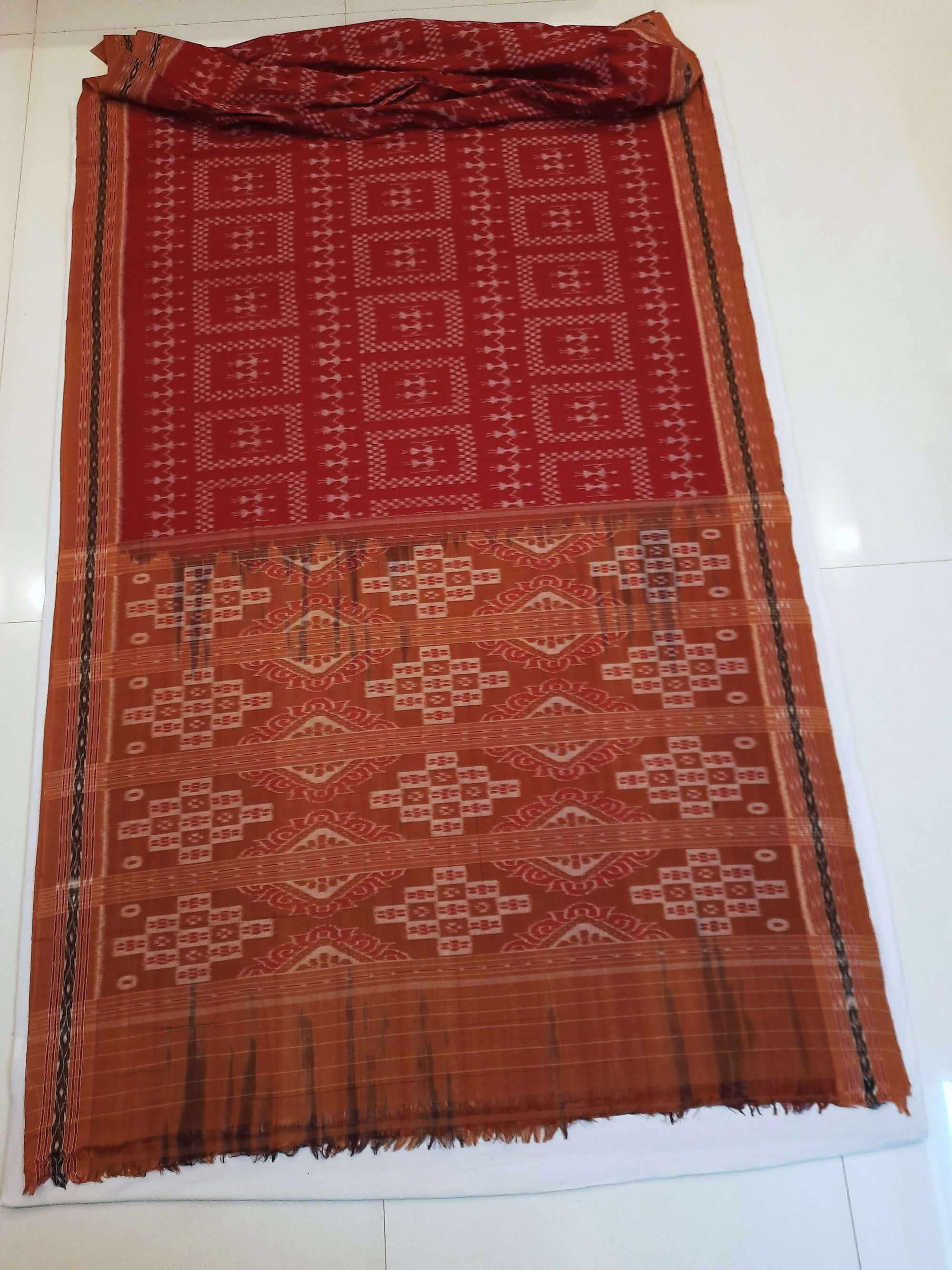 Maroon with Rust Cotton Odisha Ikat saree with cotton ikat blouse piece