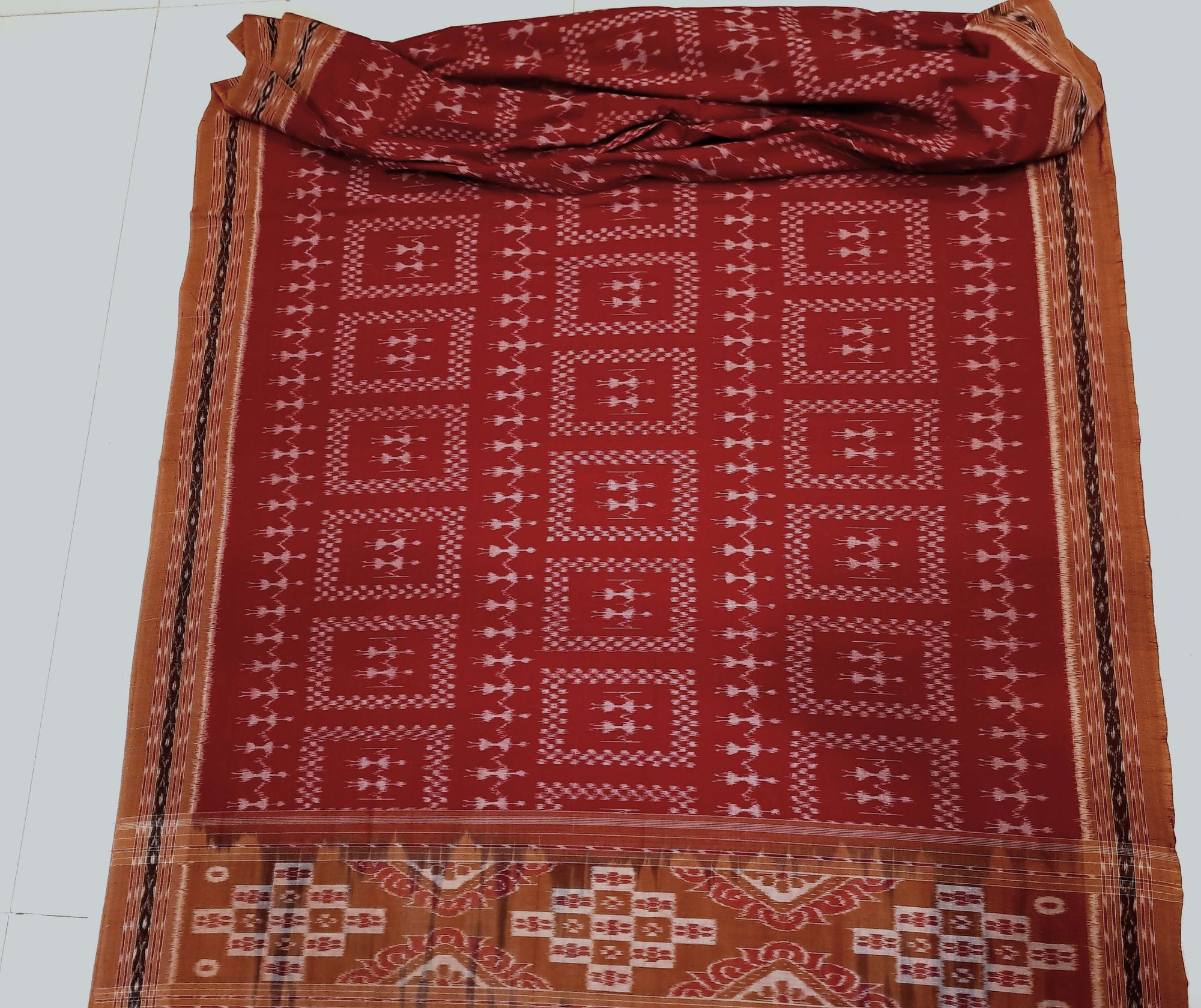 Maroon with Rust Cotton Odisha Ikat saree with cotton ikat blouse piece