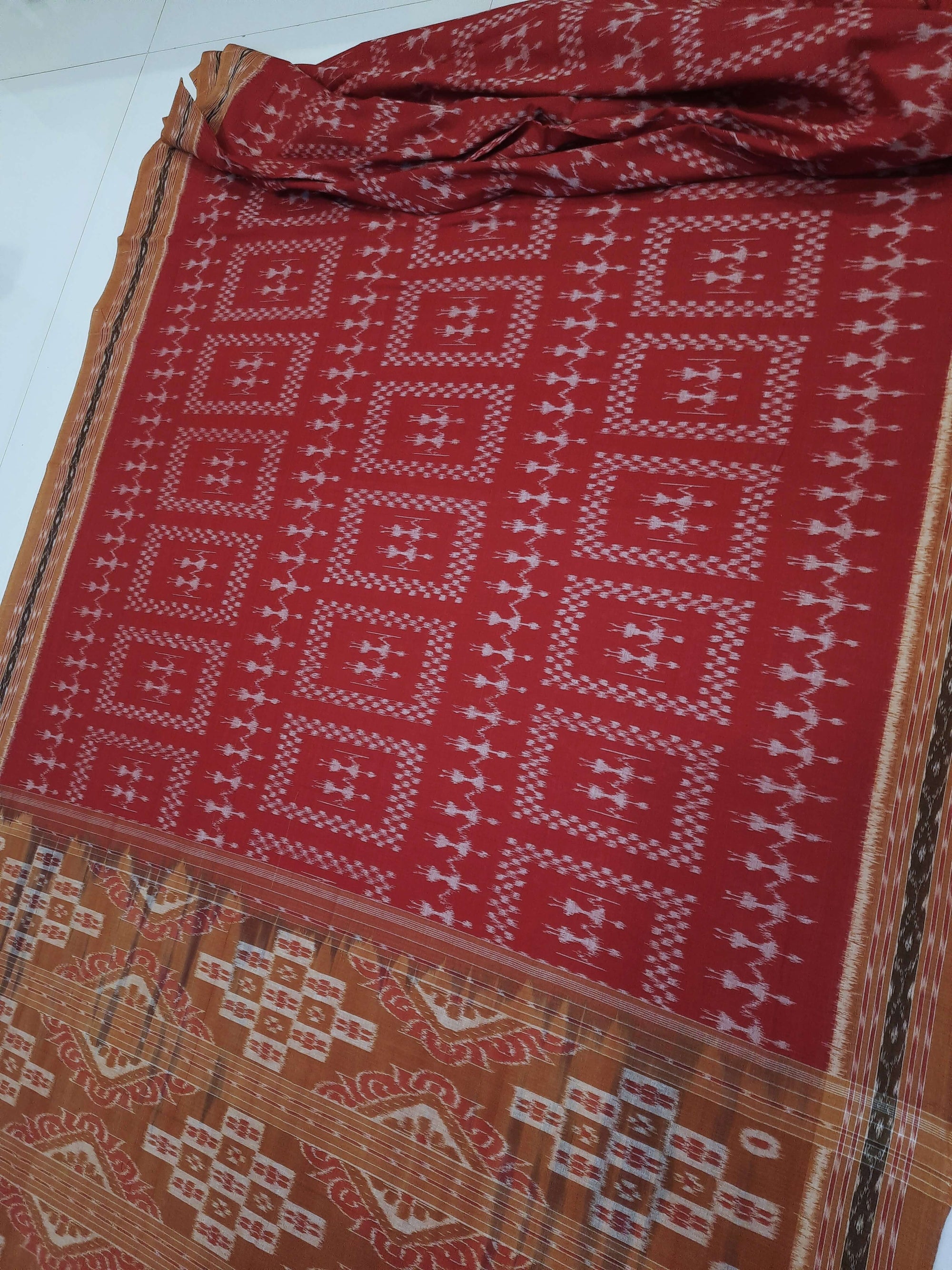 Maroon with Rust Cotton Odisha Ikat saree with cotton ikat blouse piece
