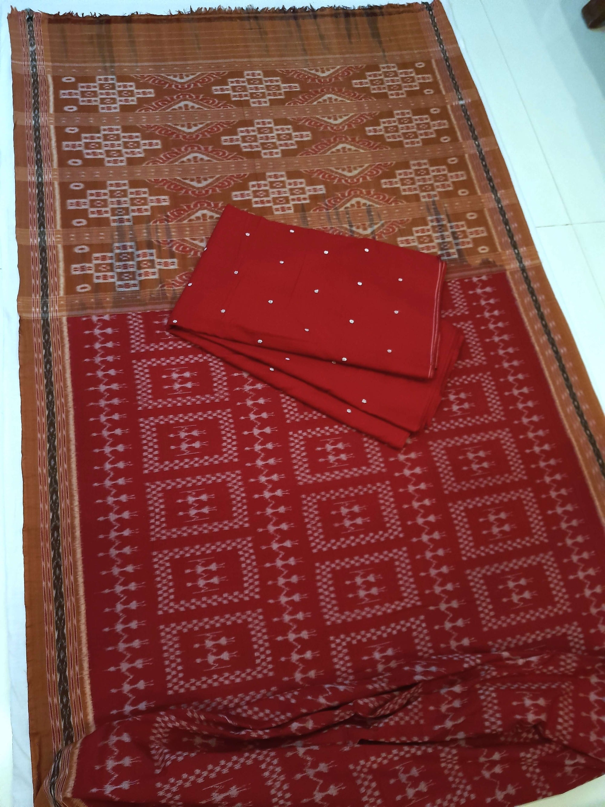 Maroon with Rust Cotton Odisha Ikat saree with cotton ikat blouse piece