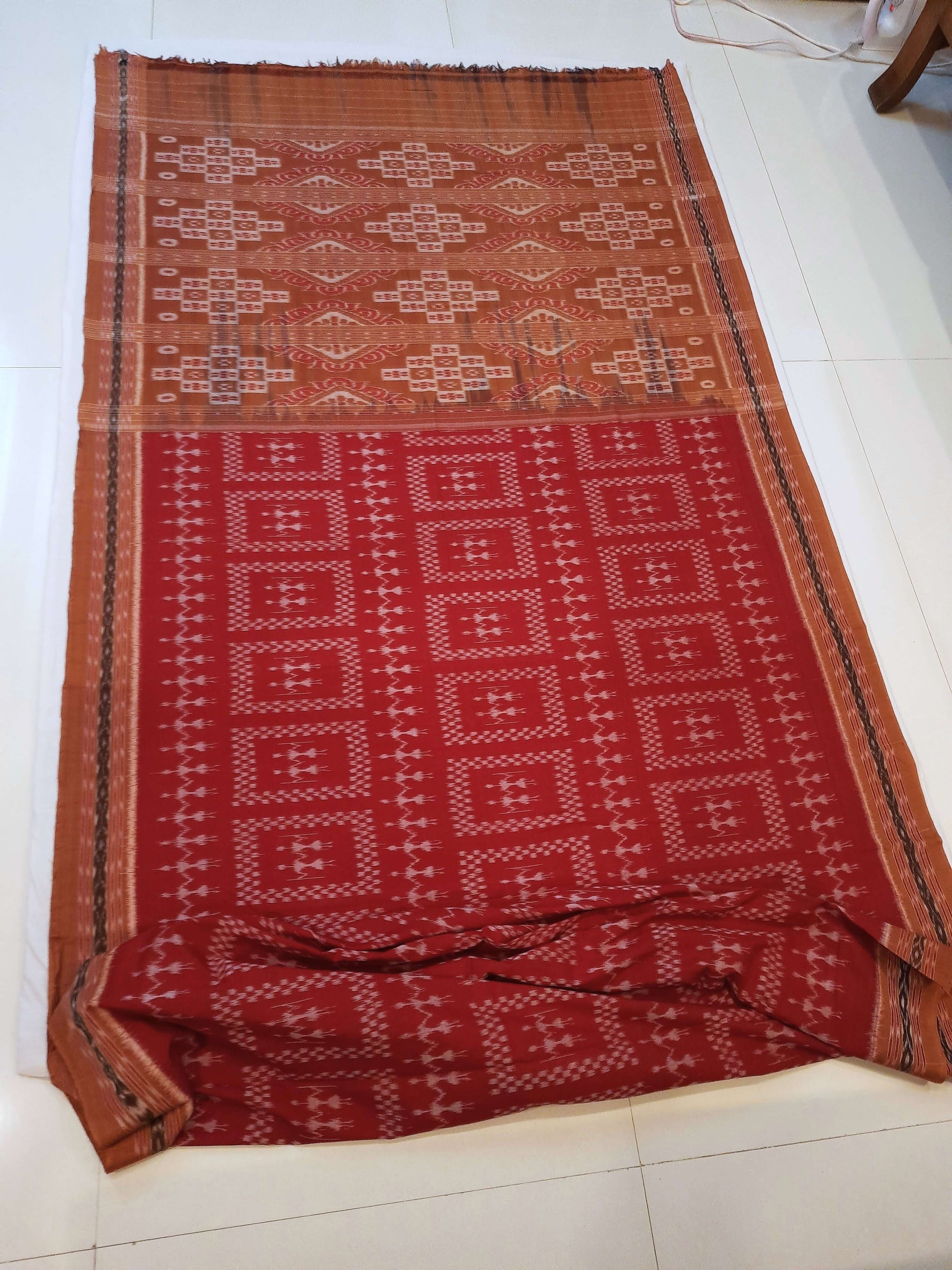 Maroon with Rust Cotton Odisha Ikat saree with cotton ikat blouse piece