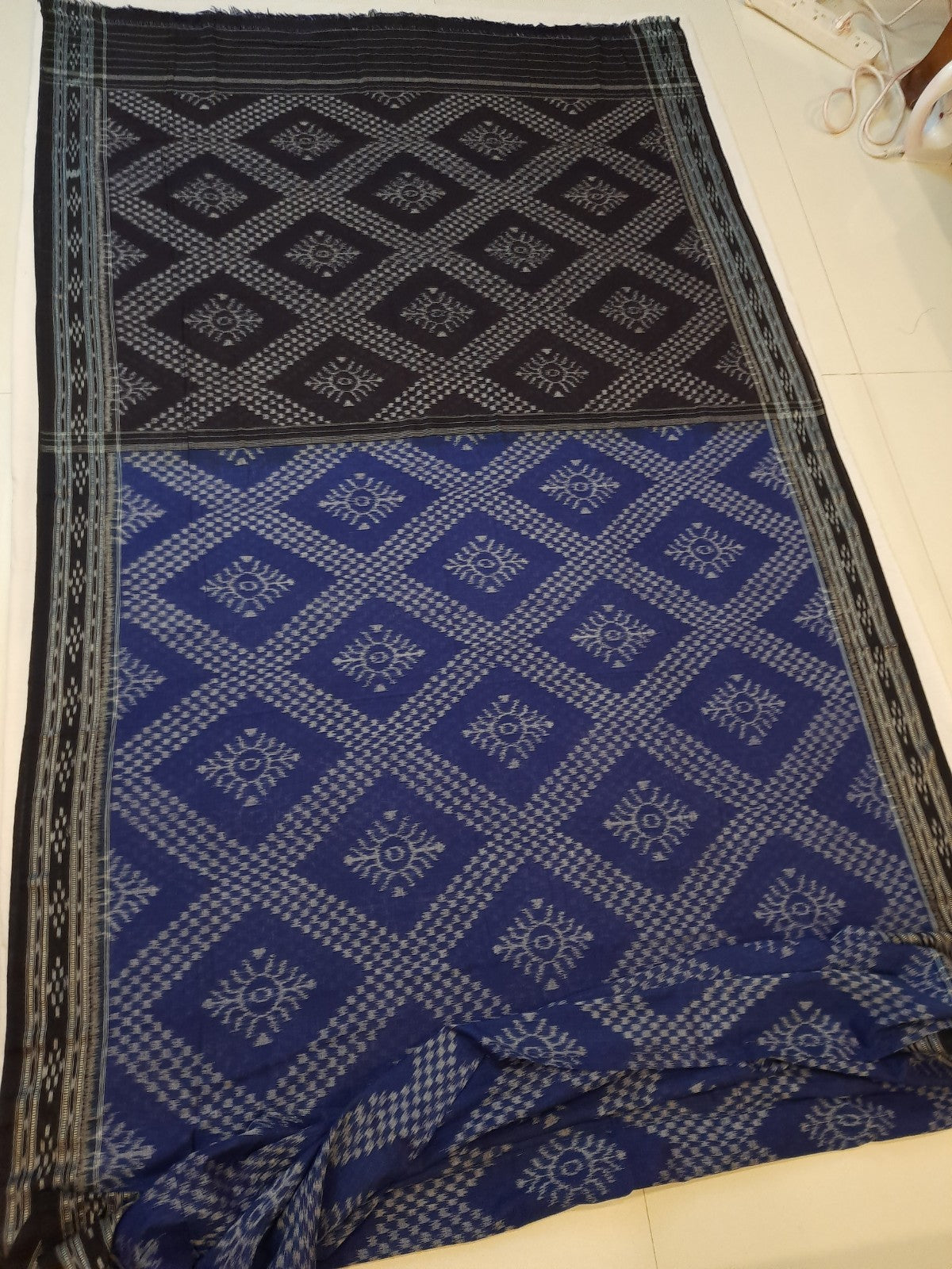 Blue cotton Odisha Ikat Saree with mix match cotton Ikat blouse piece