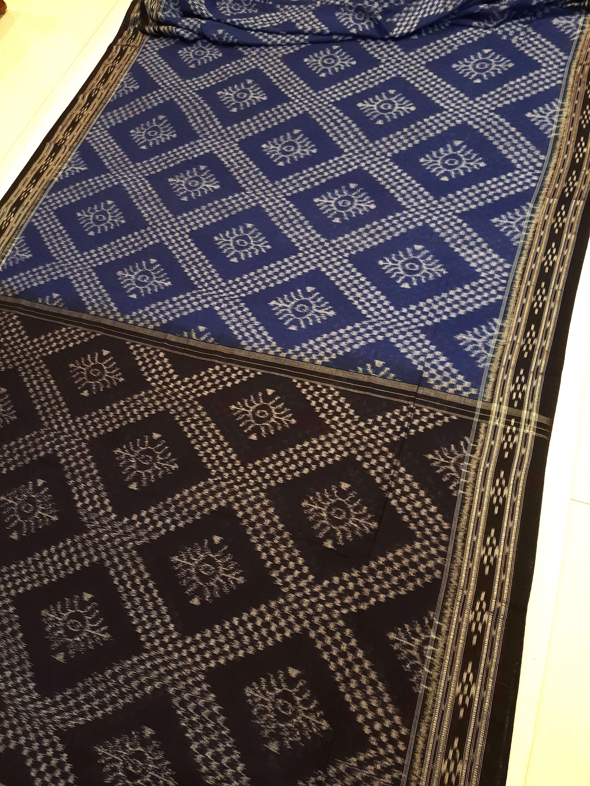 Blue cotton Odisha Ikat Saree with mix match cotton Ikat blouse piece