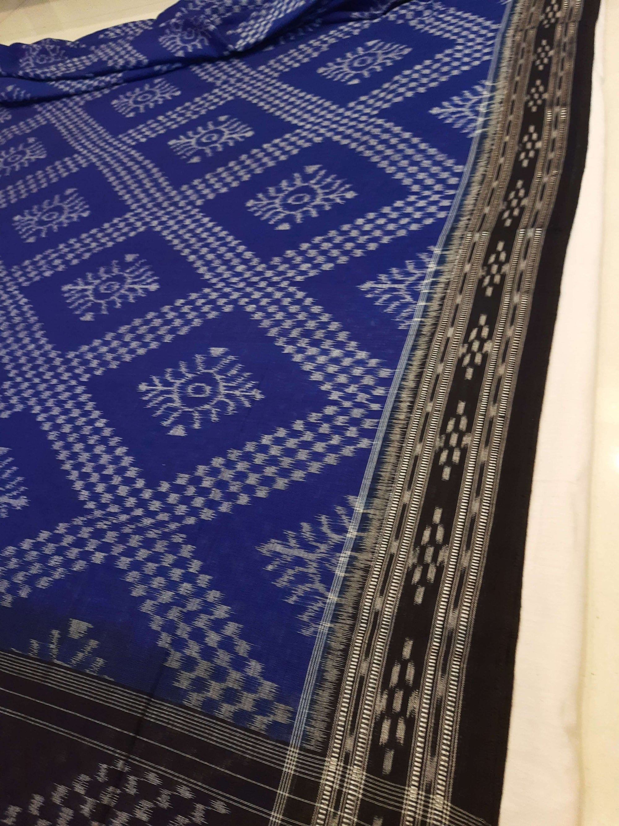 Blue cotton Odisha Ikat Saree with mix match cotton Ikat blouse piece