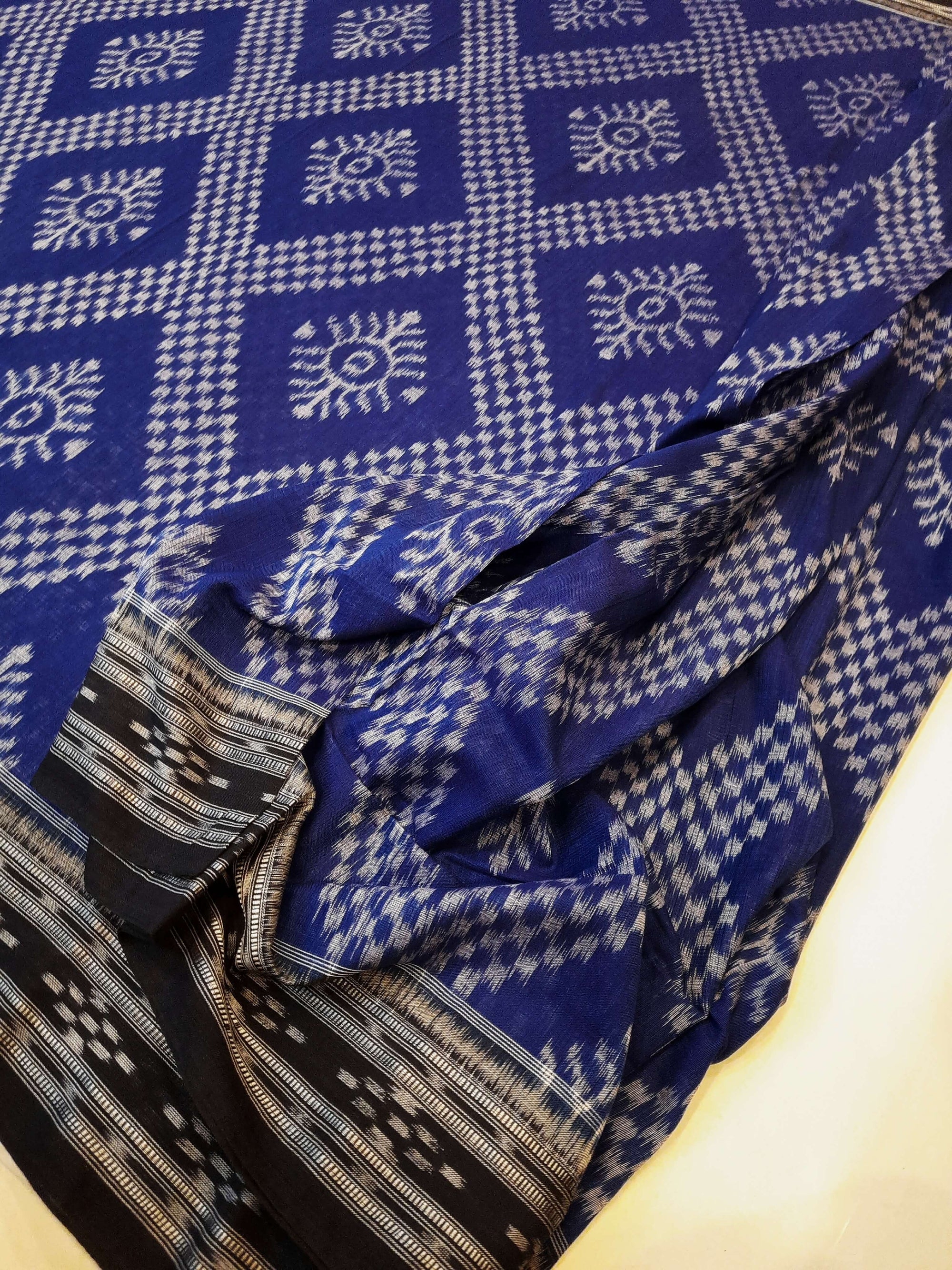 Blue cotton Odisha Ikat Saree with mix match cotton Ikat blouse piece