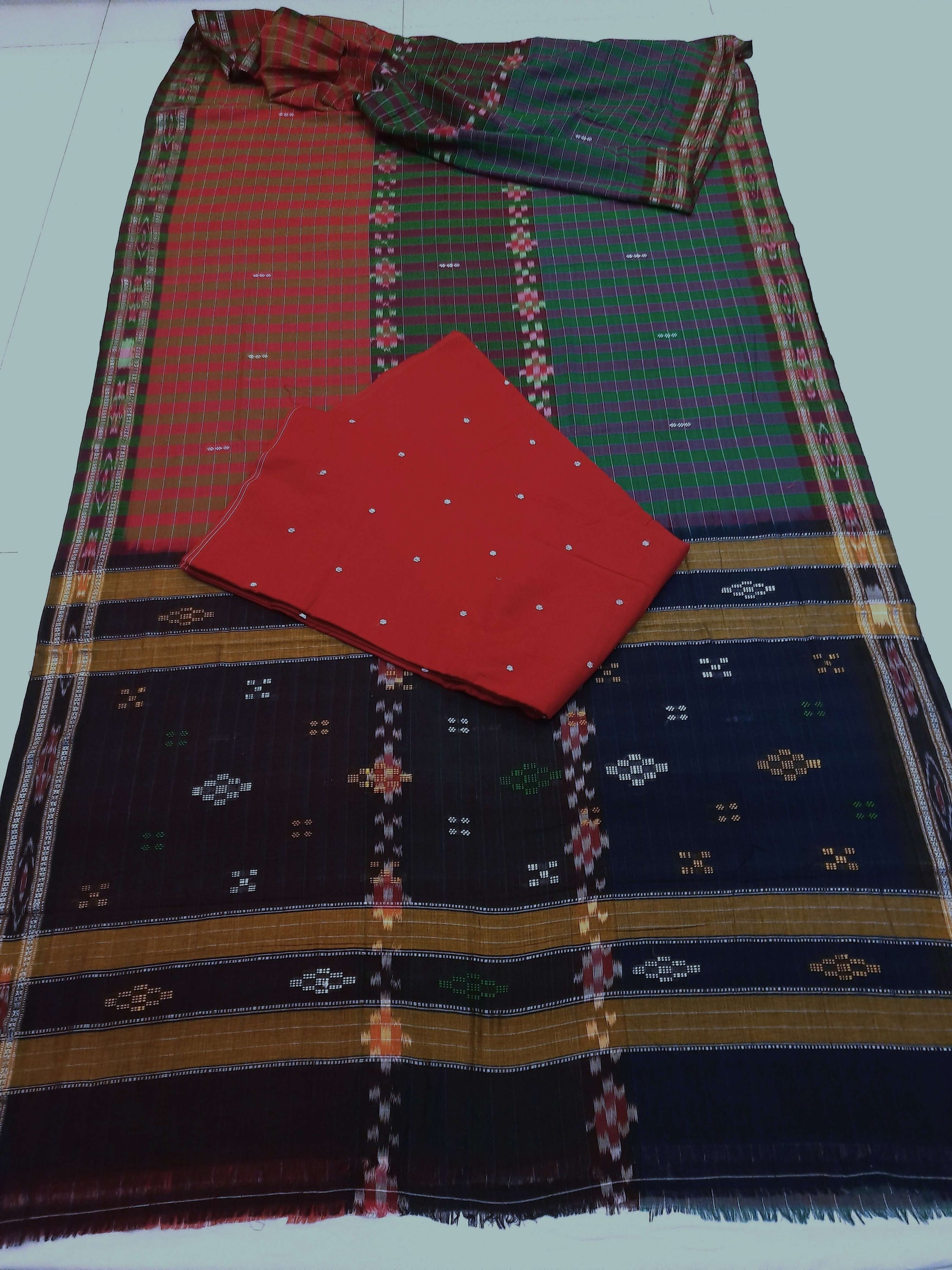 Multi coloured Cotton Odisha Ikat saree with mix match blouse piece