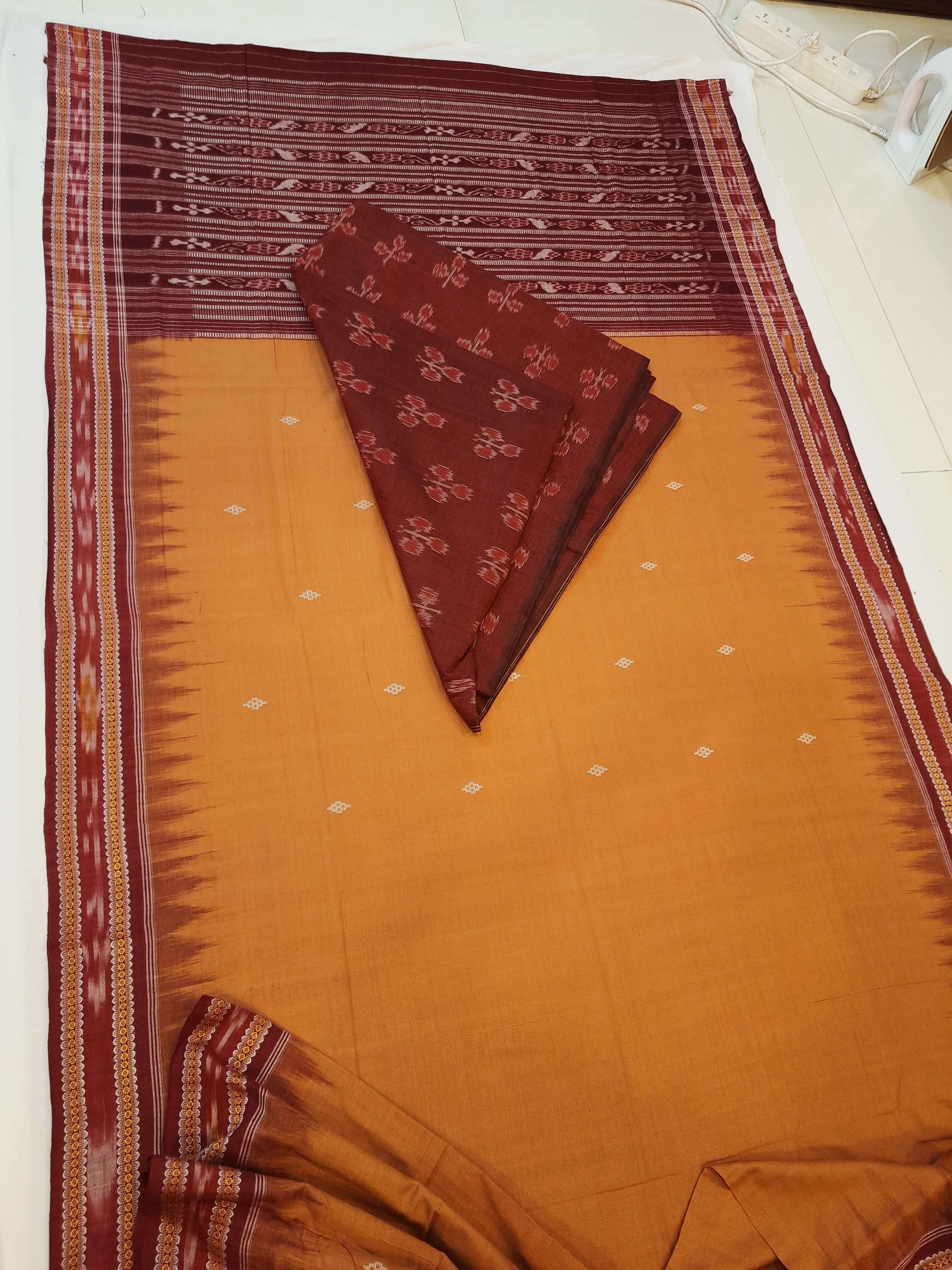 Peach with Maroon Cotton Odisha Ikat saree with mix match blouse piece