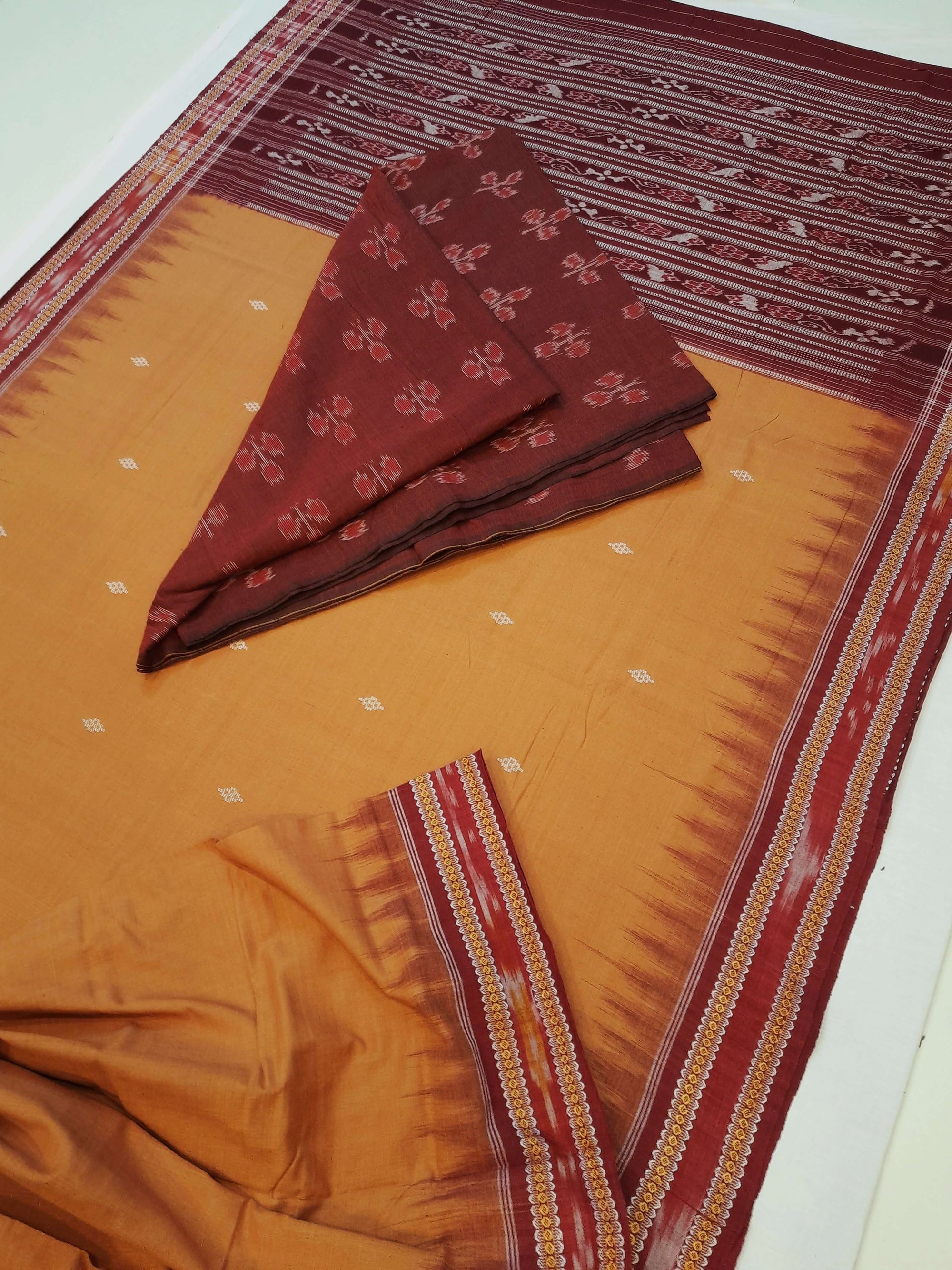 Peach with Maroon Cotton Odisha Ikat saree with mix match blouse piece